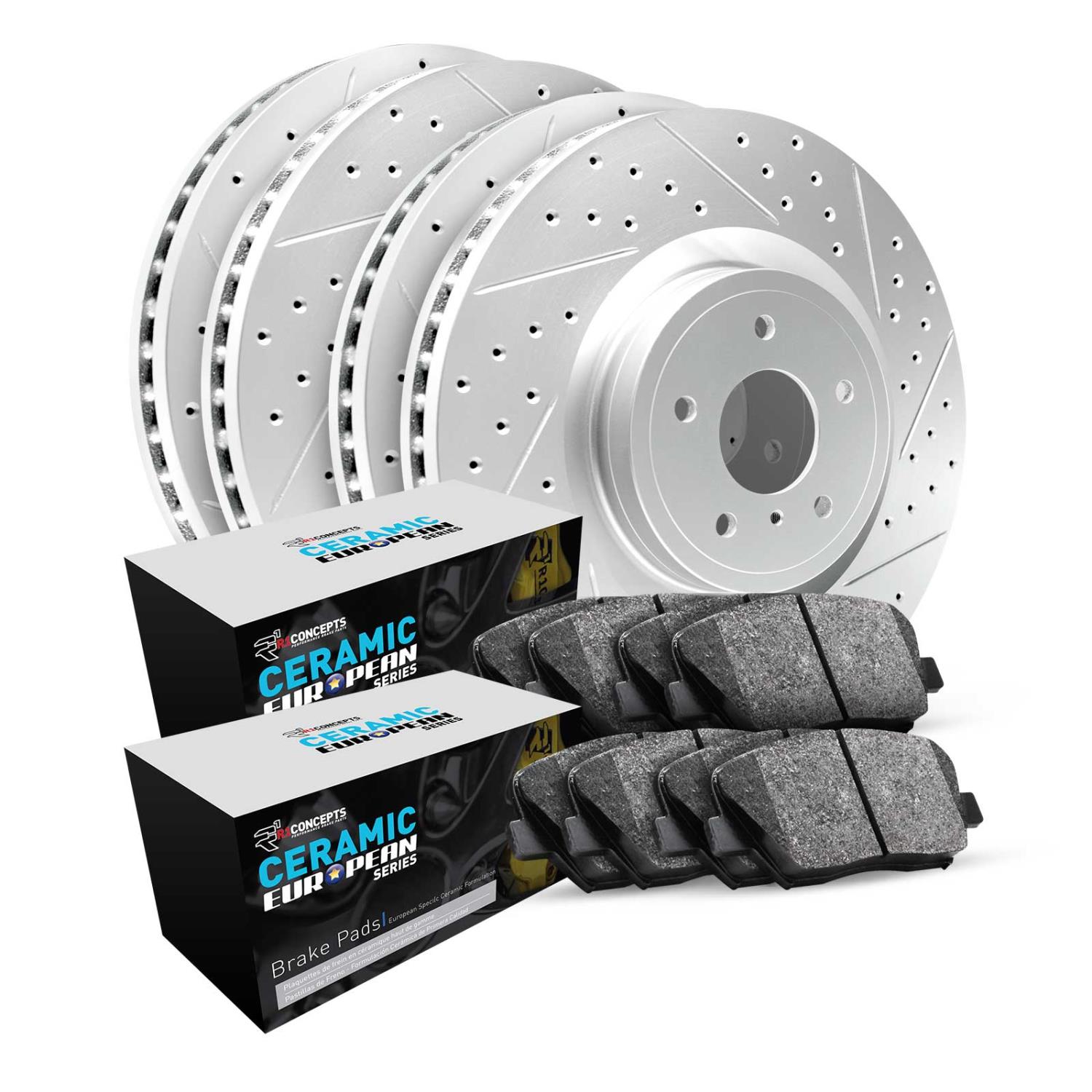GEO-Carbon Drilled & Slotted Brake Rotor Set w/Euro Ceramic Pads, 1994-2002 Land Rover, Position: Front & Rear