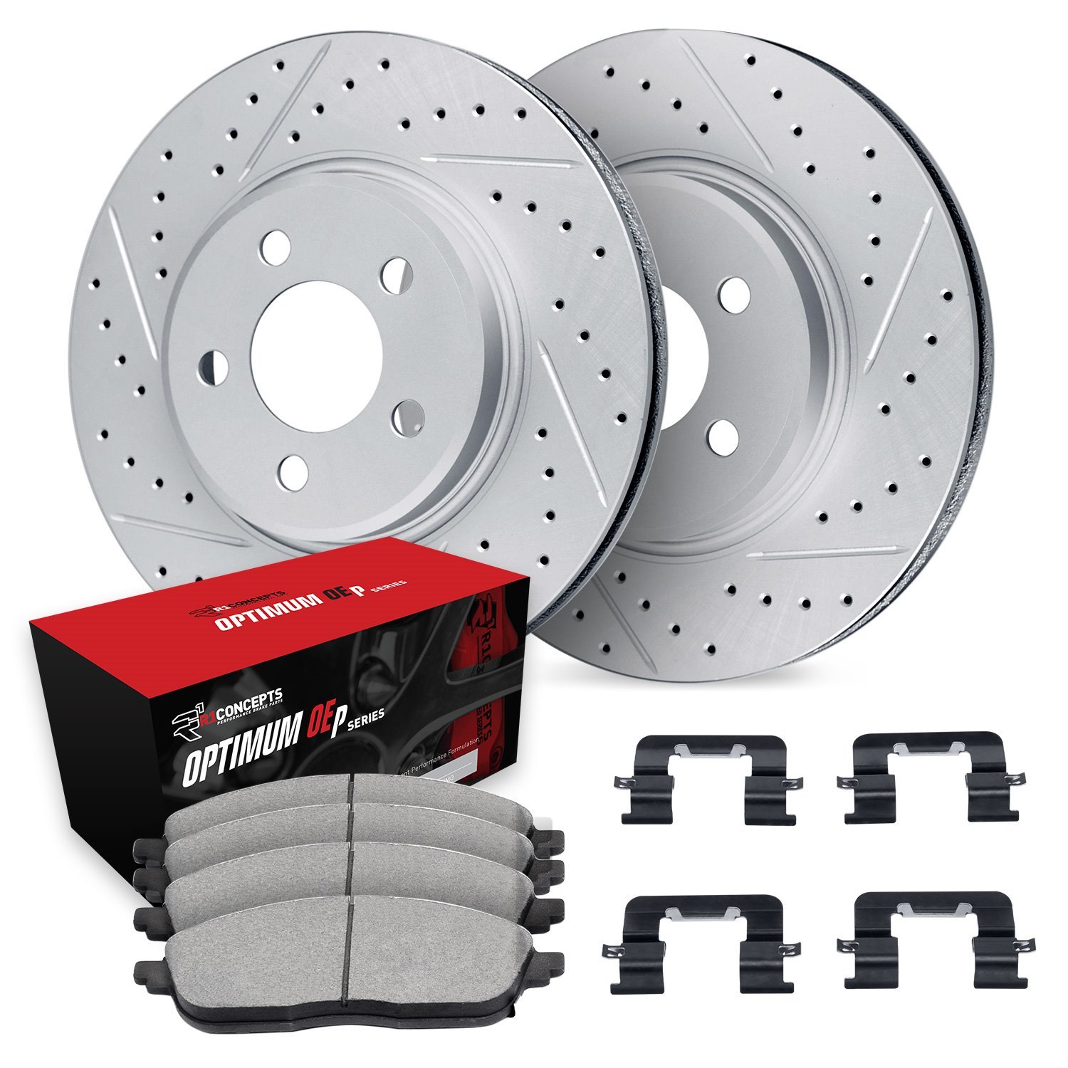 GEO-Carbon Drilled & Slotted Brake Rotor Set w/Optimum OE Pads & Hardware, Fits Select GM, Position: Front