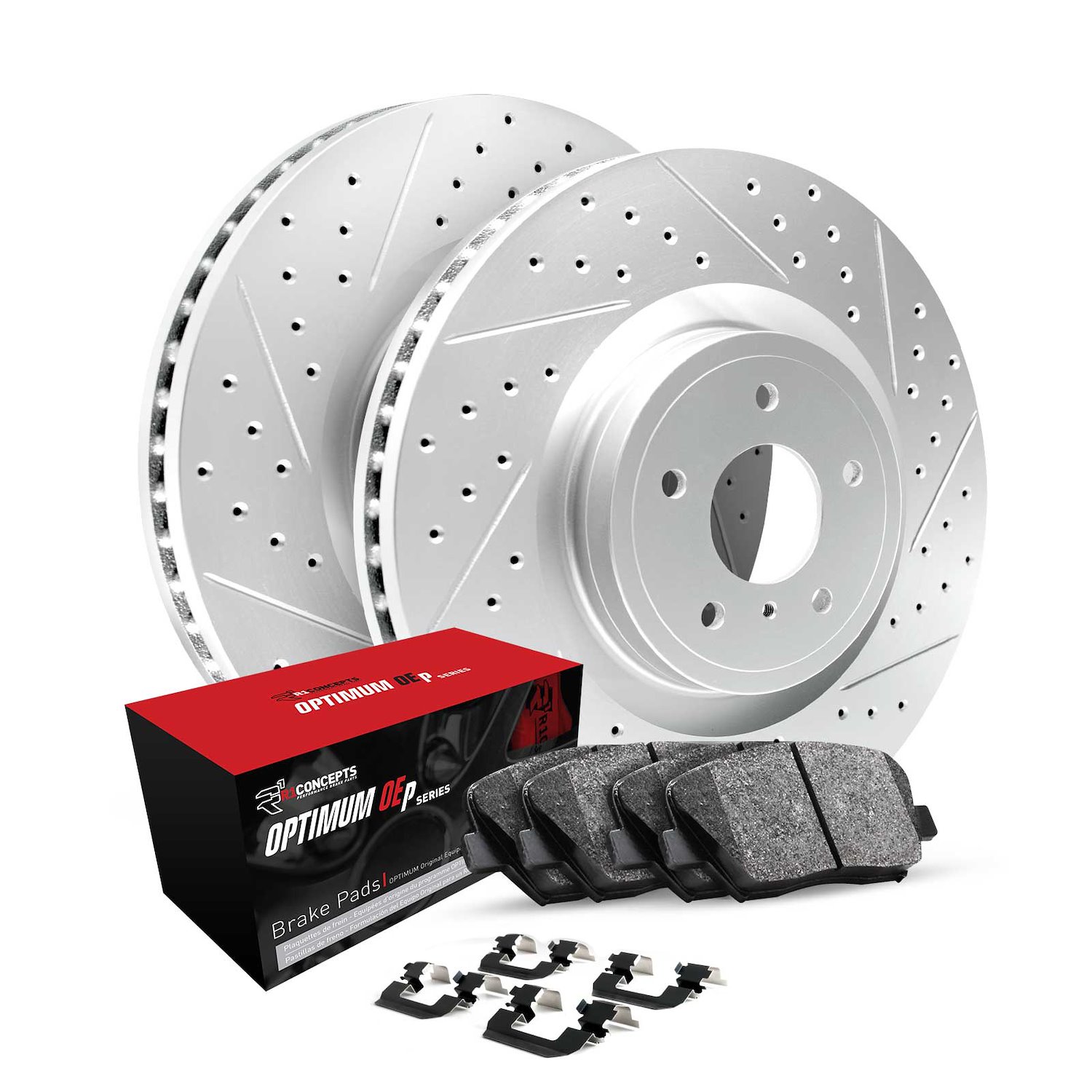 GEO-Carbon Drilled/Slotted Rotors w/Optimum OE Pads/Hardware, 1991-1999 Fits Multiple Makes/Models, Position: Rear