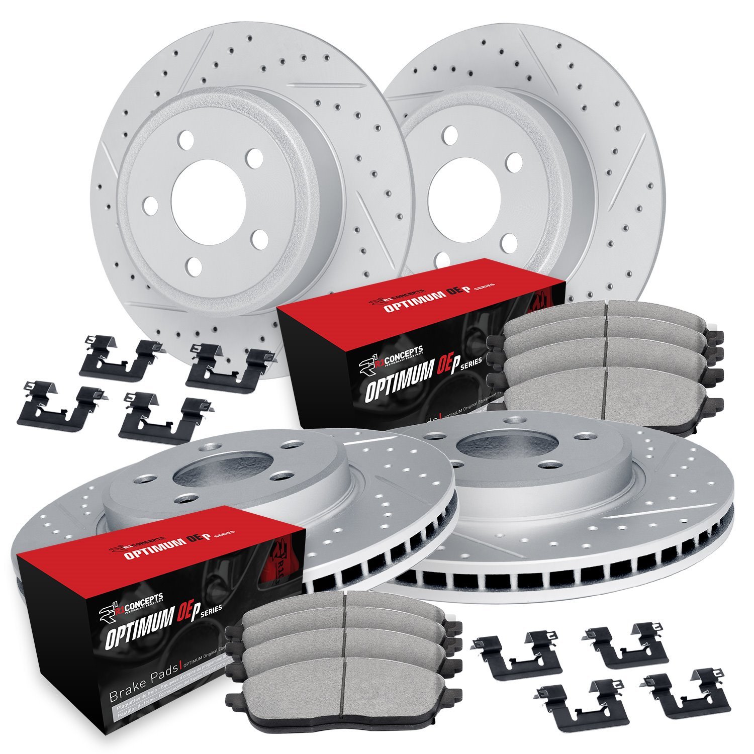 GEO-Carbon Drilled & Slotted Brake Rotor Set w/Optimum OE Pads & Hardware, 2016-2017 Kia/Hyundai/Genesis