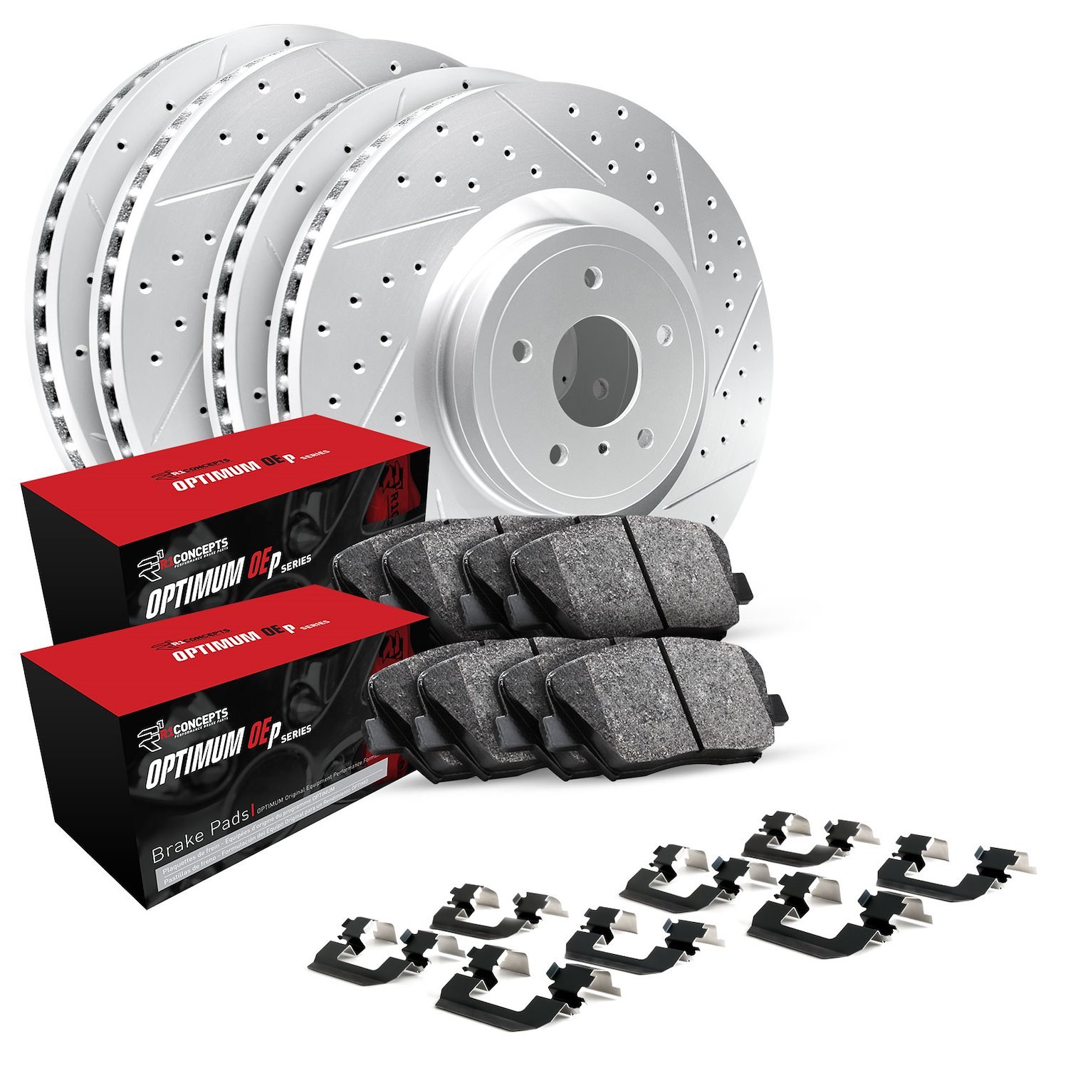 GEO-Carbon Drilled & Slotted Brake Rotor & Drum Set w/Optimum OE Pads, Shoes, & Hardware, 1998-2002 Fits Multiple Makes/Models