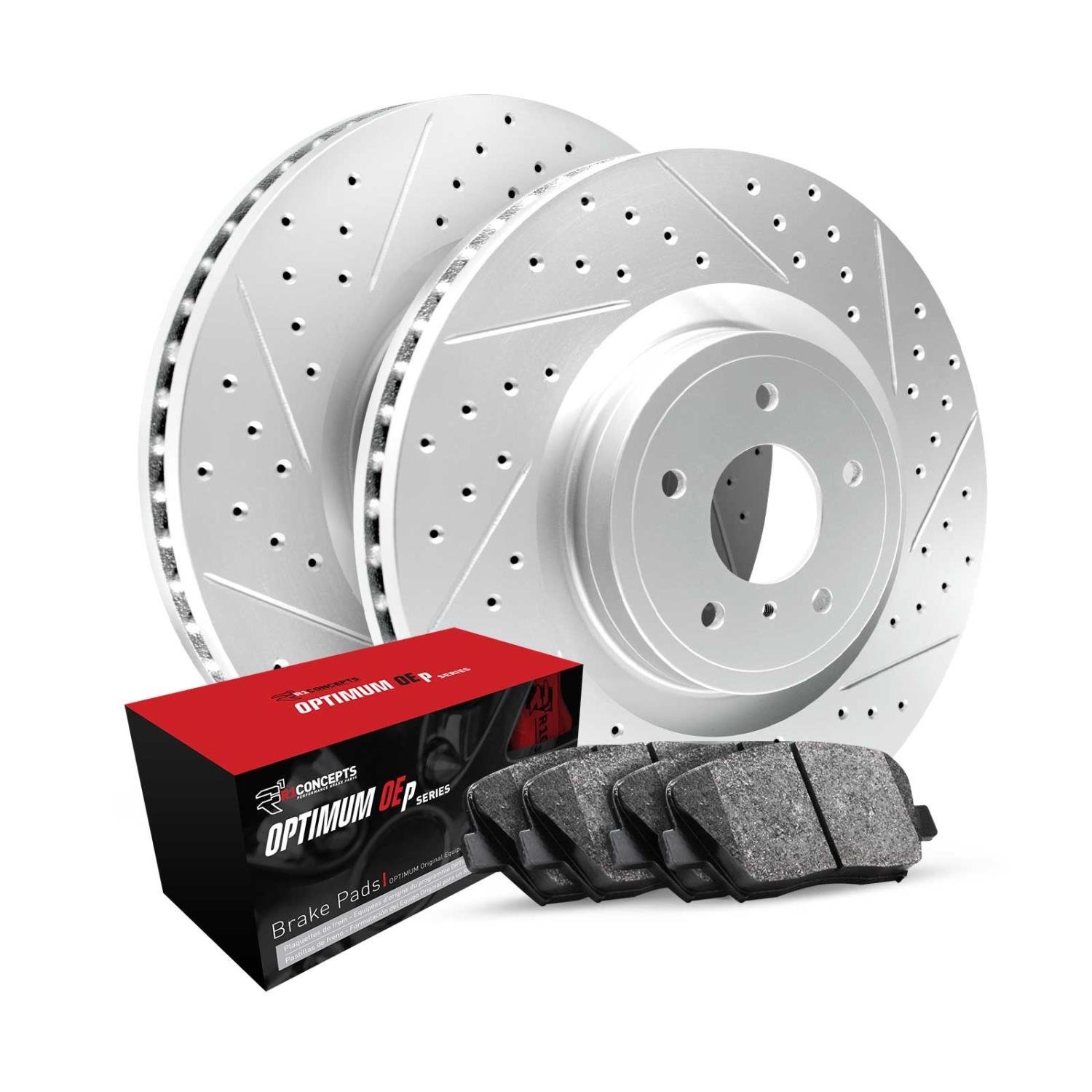 GEO-Carbon Drilled & Slotted Brake Rotor Set w/Optimum OE Pads, 2007-2010 GM, Position: Front & Rear