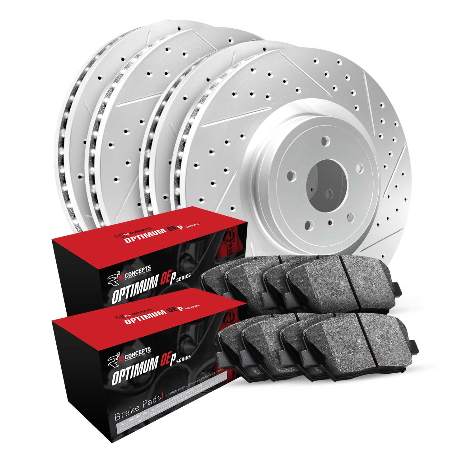GEO-Carbon Drilled & Slotted Brake Rotor Set w/Optimum OE Pads, 2015-2019 Fits Multiple Makes/Models, Position: Front