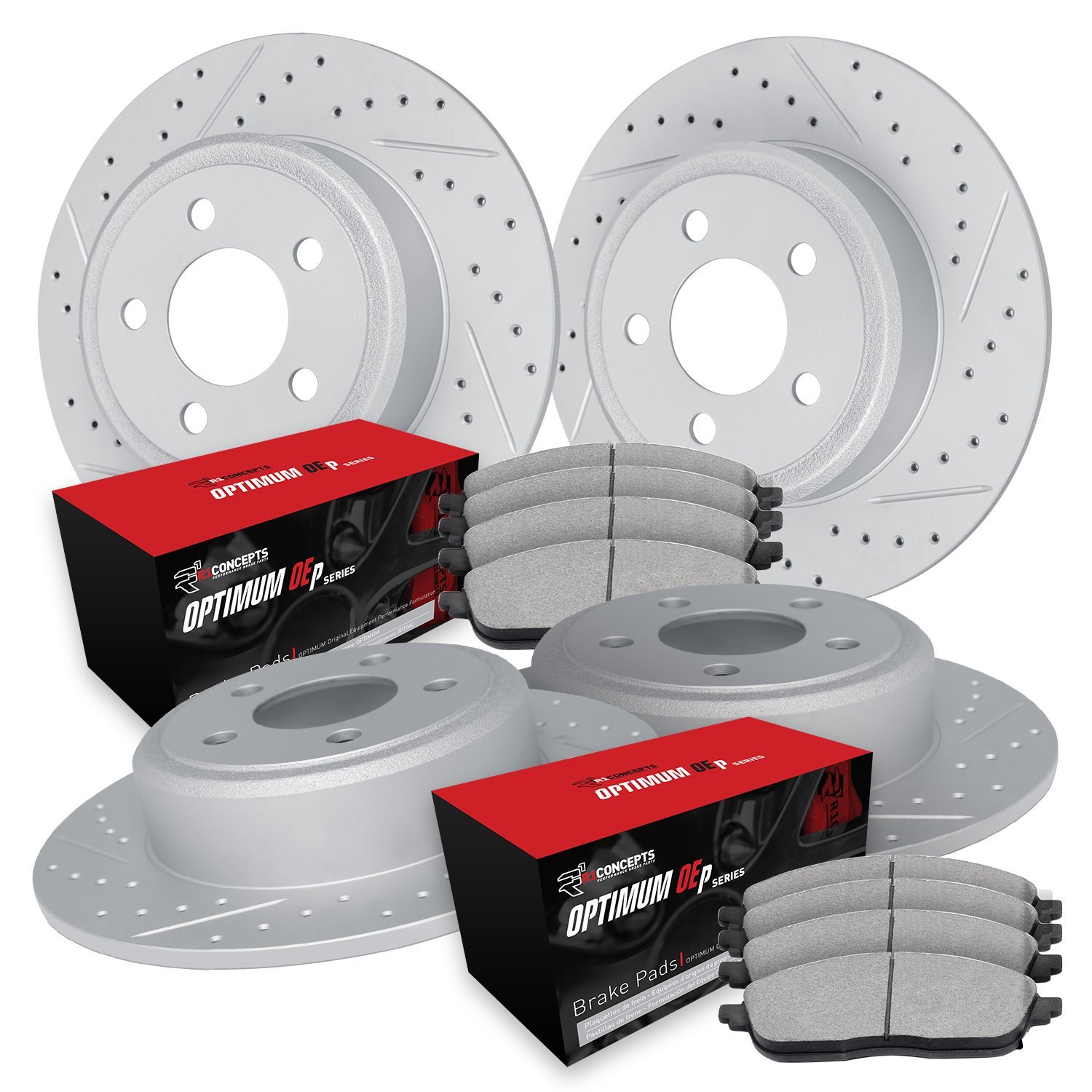 GEO-Carbon Drilled & Slotted Brake Rotor Set w/Optimum OE Pads, 2020-2020 GM, Position: Front & Rear