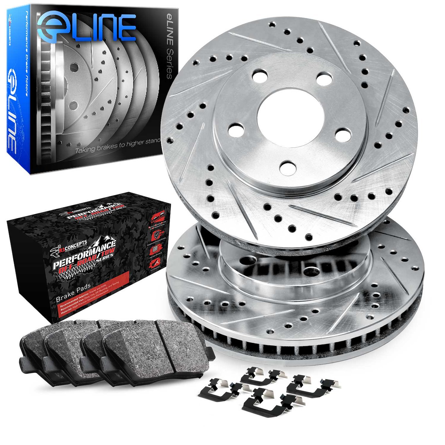 GEO-Carbon Drilled & Slotted Brake Rotor Set w/Performance Off-Road/Tow Pads & Hardware, 2005-2010 Fits Multiple Makes/Models