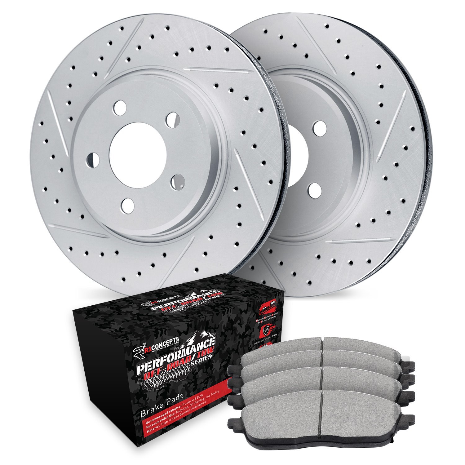 GEO-Carbon Drilled & Slotted Brake Rotor Set w/Performance Off-Road/Tow Pads, 2012-2020 Tesla, Position: Front
