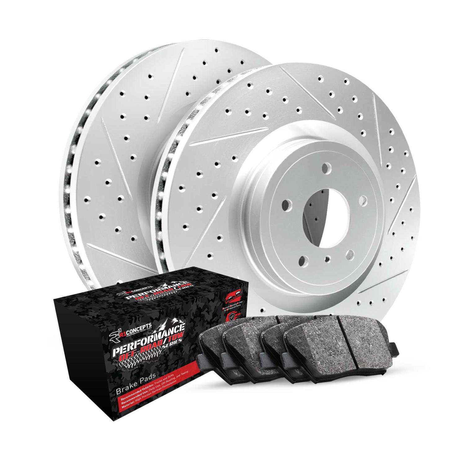GEO-Carbon Drilled & Slotted Brake Rotor Set w/Performance Off-Road/Tow Pads, 1994-1999 Mopar, Position: Front
