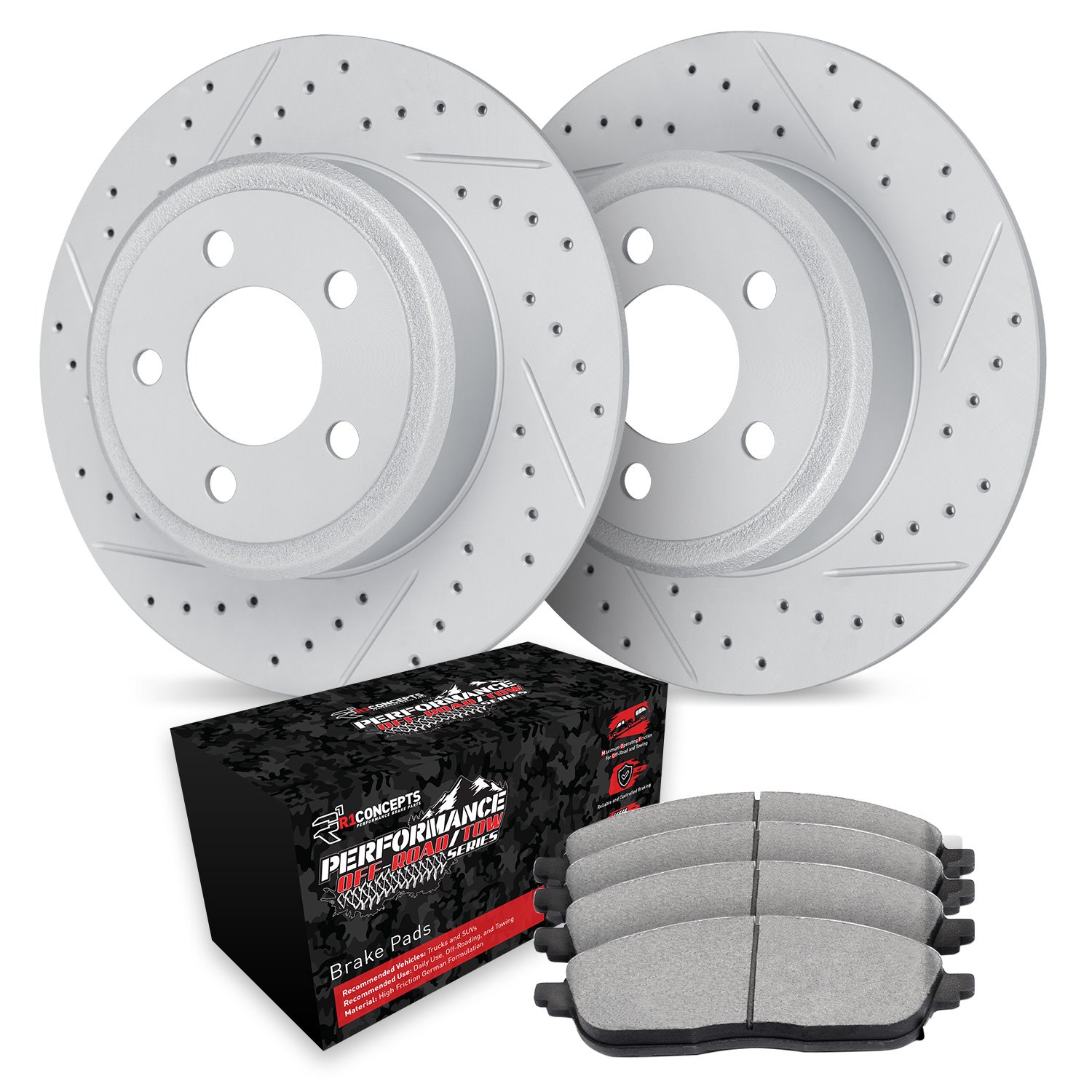 GEO-Carbon Drilled & Slotted Brake Rotor Set w/Performance Off-Road/Tow Pads, 2007-2012 Mopar, Position: Front