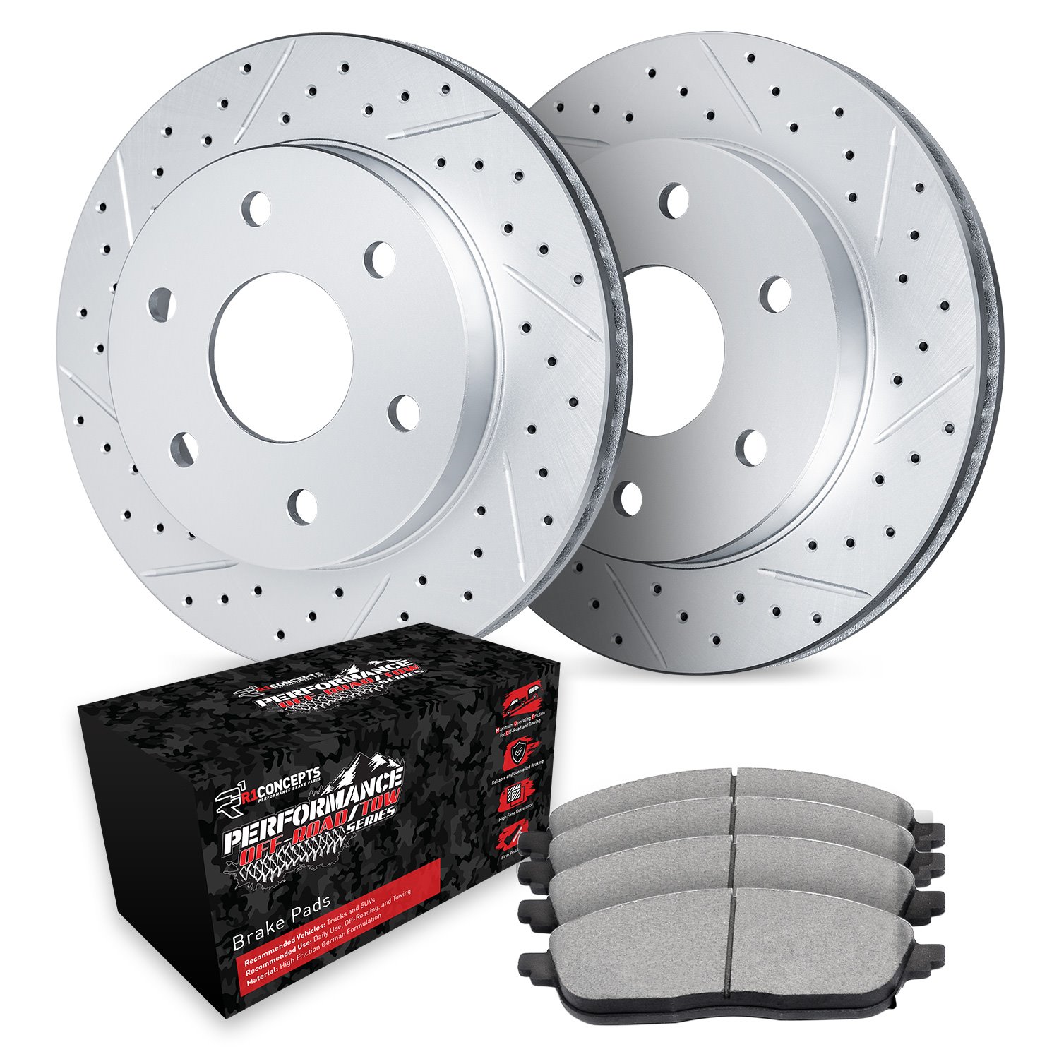 GEO-Carbon Drilled & Slotted Brake Rotor Set w/Performance Off-Road/Tow Pads, 2006-2009 GM, Position: Front