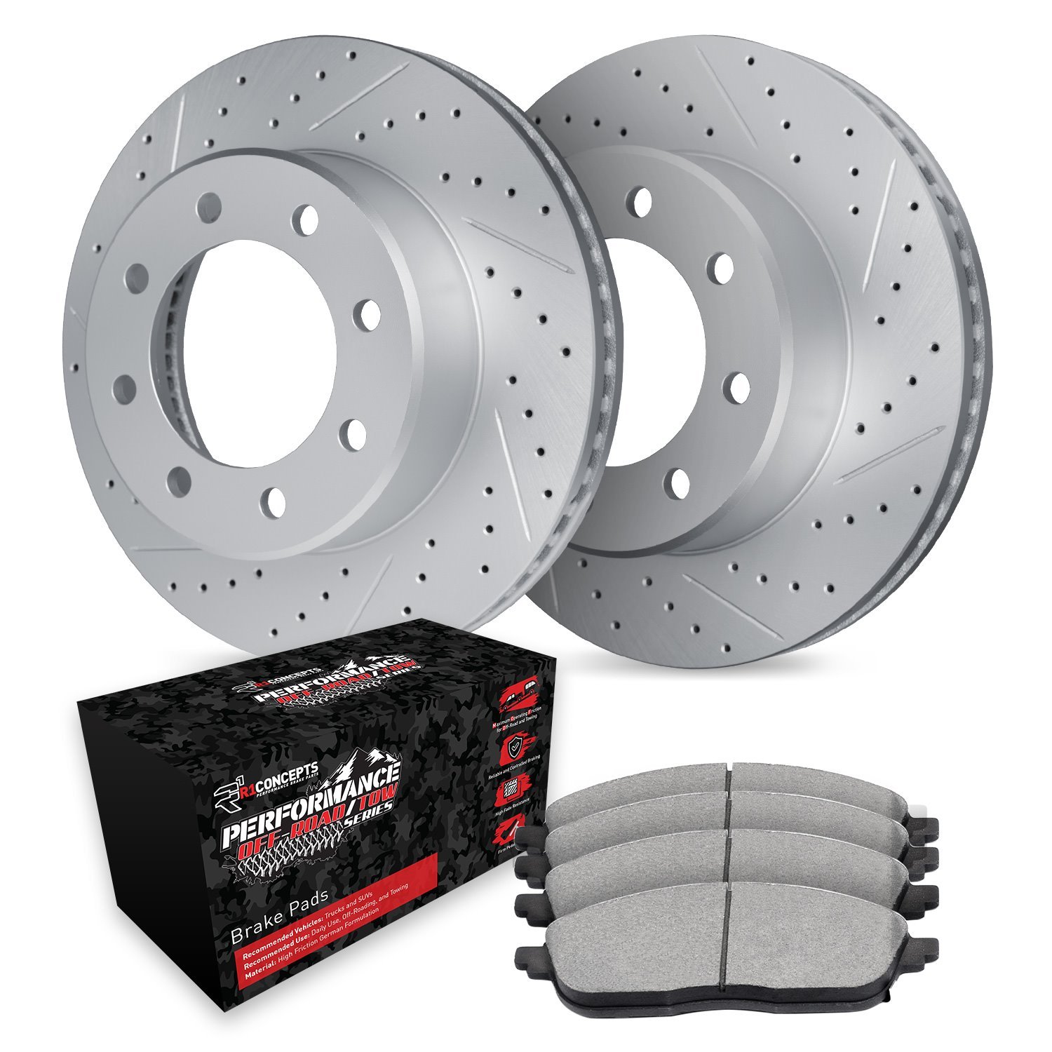GEO-Carbon Drilled & Slotted Brake Rotor Set w/Performance Off-Road/Tow Pads, 1992-2002 GM, Position: Rear