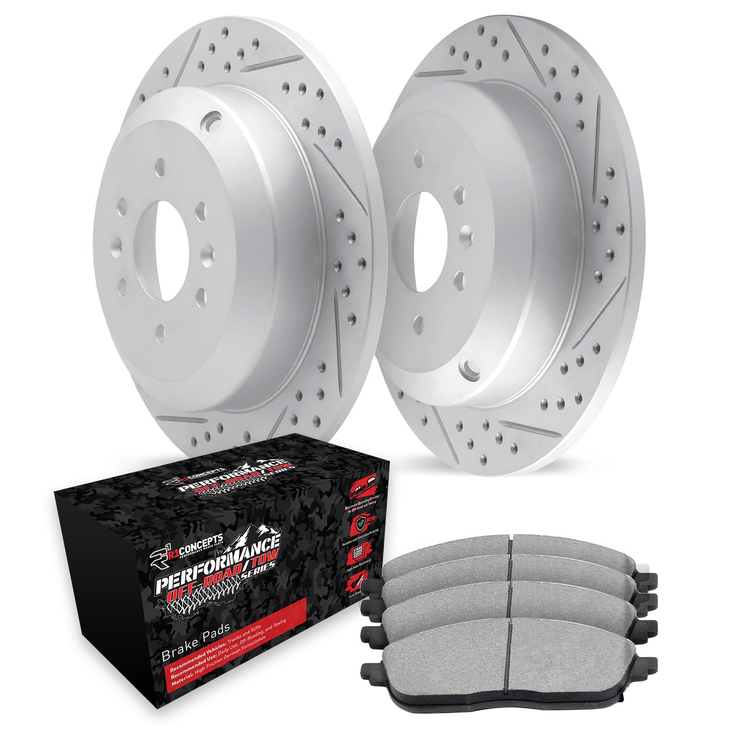 GEO-Carbon Drilled & Slotted Brake Rotor Set w/Performance Off-Road/Tow Pads, 2004-2015 Infiniti/Nissan, Position: Rear