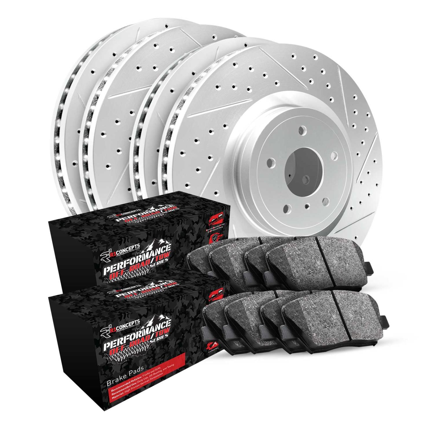GEO-Carbon Drilled & Slotted Brake Rotor Set w/Performance Off-Road/Tow Pads, 2010-2016 Kia/Hyundai/Genesis, Position: Front