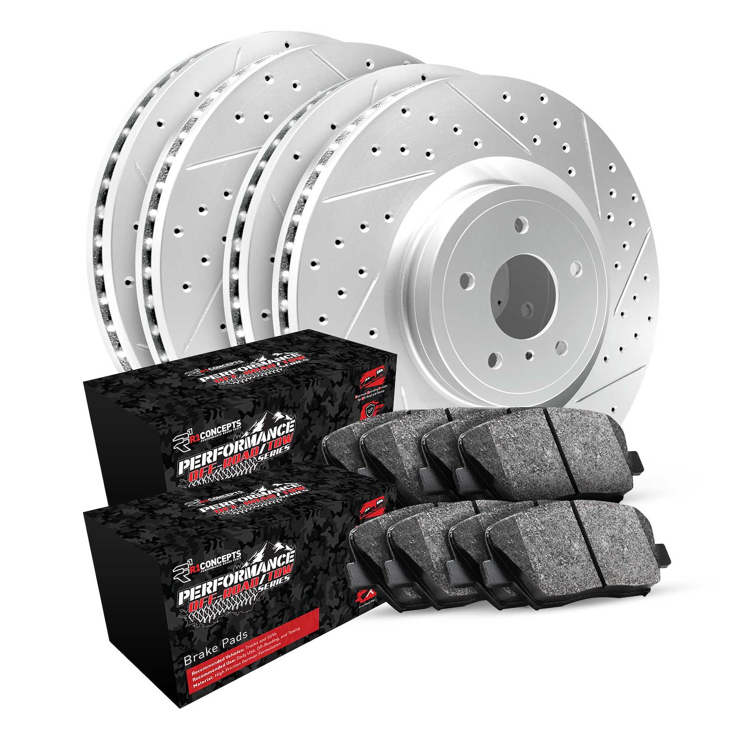 GEO-Carbon Drilled/Slotted Rotors w/Performance Off-Road/Tow Pads, Fits Select Mopar, Position: Front/Rear
