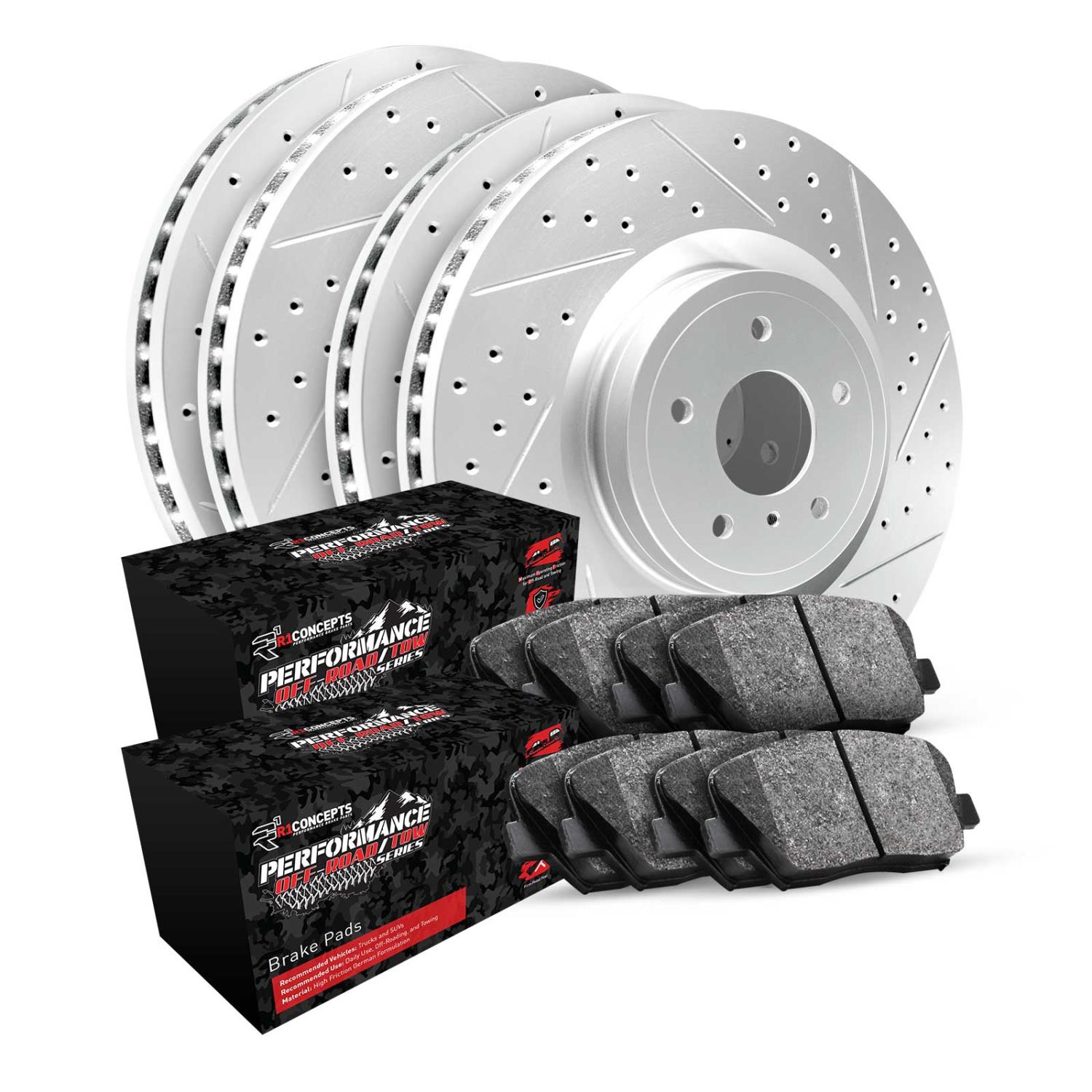 GEO-Carbon Drilled & Slotted Brake Rotor Set w/Performance Off-Road/Tow Pads, 1999-2002 Mopar, Position: Front