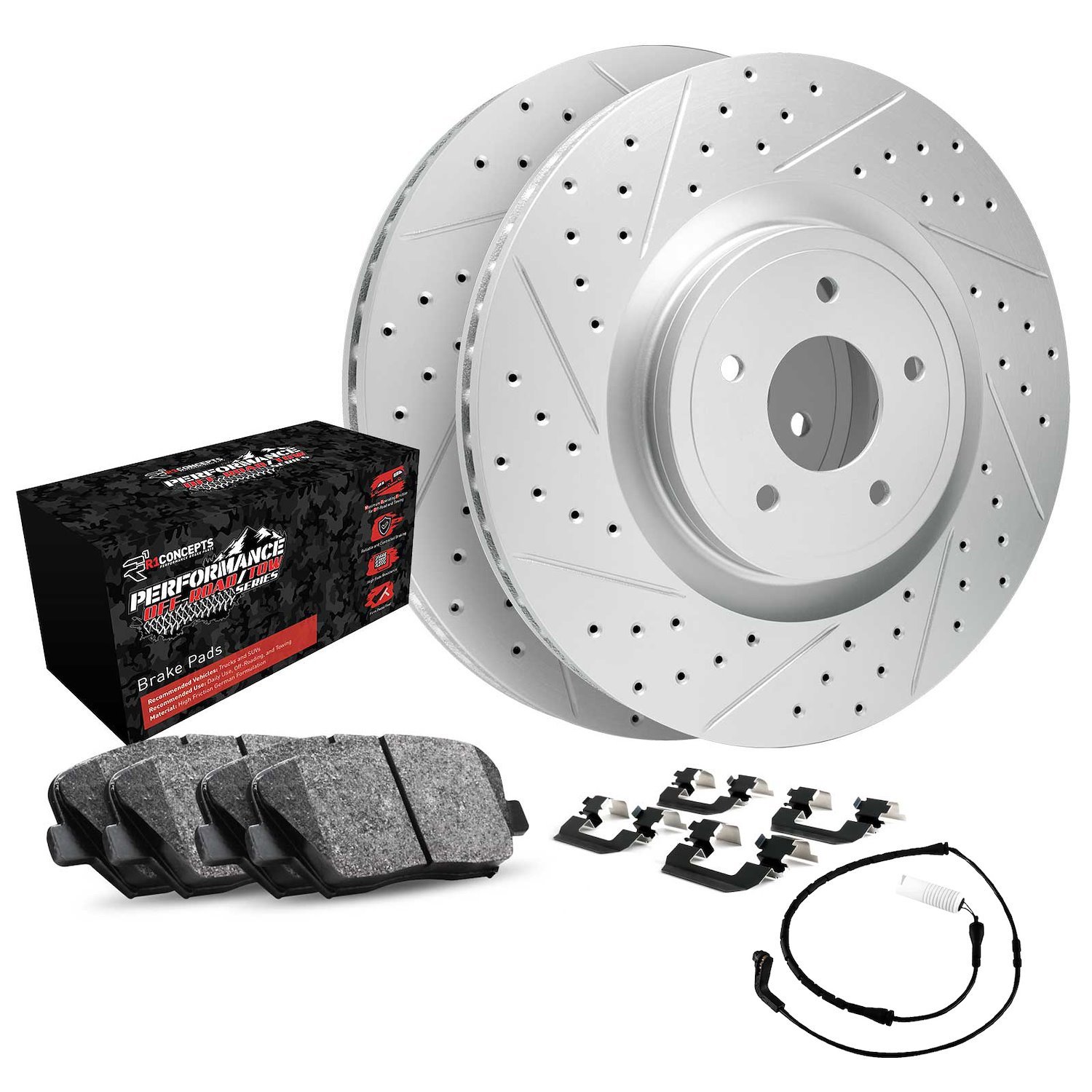 GEO-Carbon Drilled & Slotted Brake Rotor Set w/Performance Off-Road/Tow Pads, Sensor, & Hardware, Fits Select GM