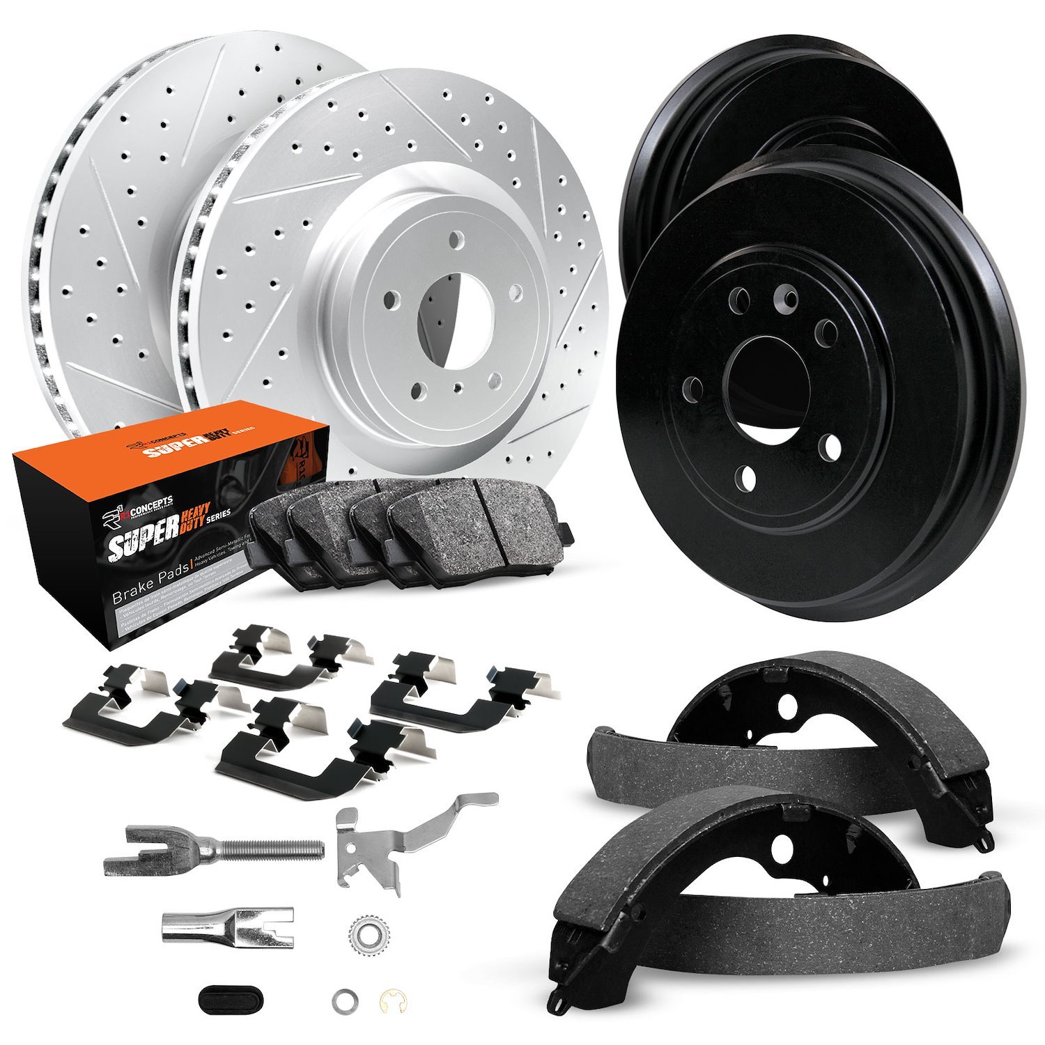 GEO-Carbon Drilled/Slotted Rotors/Drums w/Super-Duty Pads/Shoes/Hardware/Adjusters, 1994-1999 Mopar, Position: Front/Rear