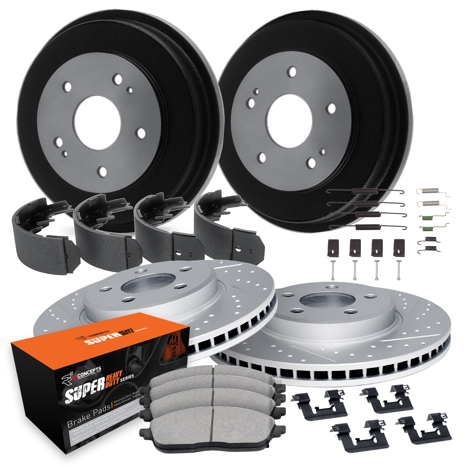 GEO-Carbon Drilled & Slotted Brake Rotor & Drum Set w/Super-Duty Pads, Shoes, Hardware/Adjusters, 1993-1996 GM, Position: Front