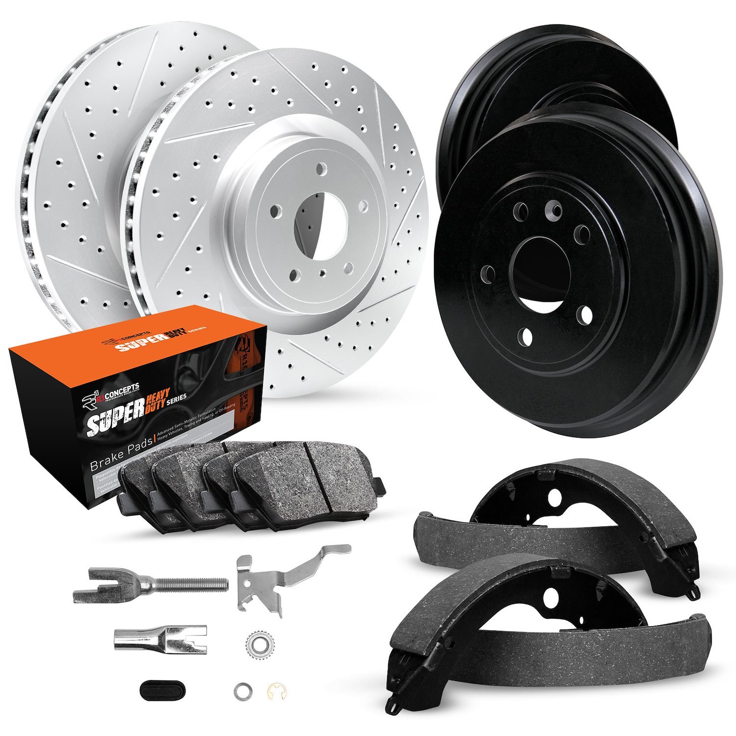 GEO-Carbon Drilled/Slotted Rotors/Drums w/Super-Duty Pads/Shoes/Adjusters, 1974-1996 GM, Position: Front/Rear