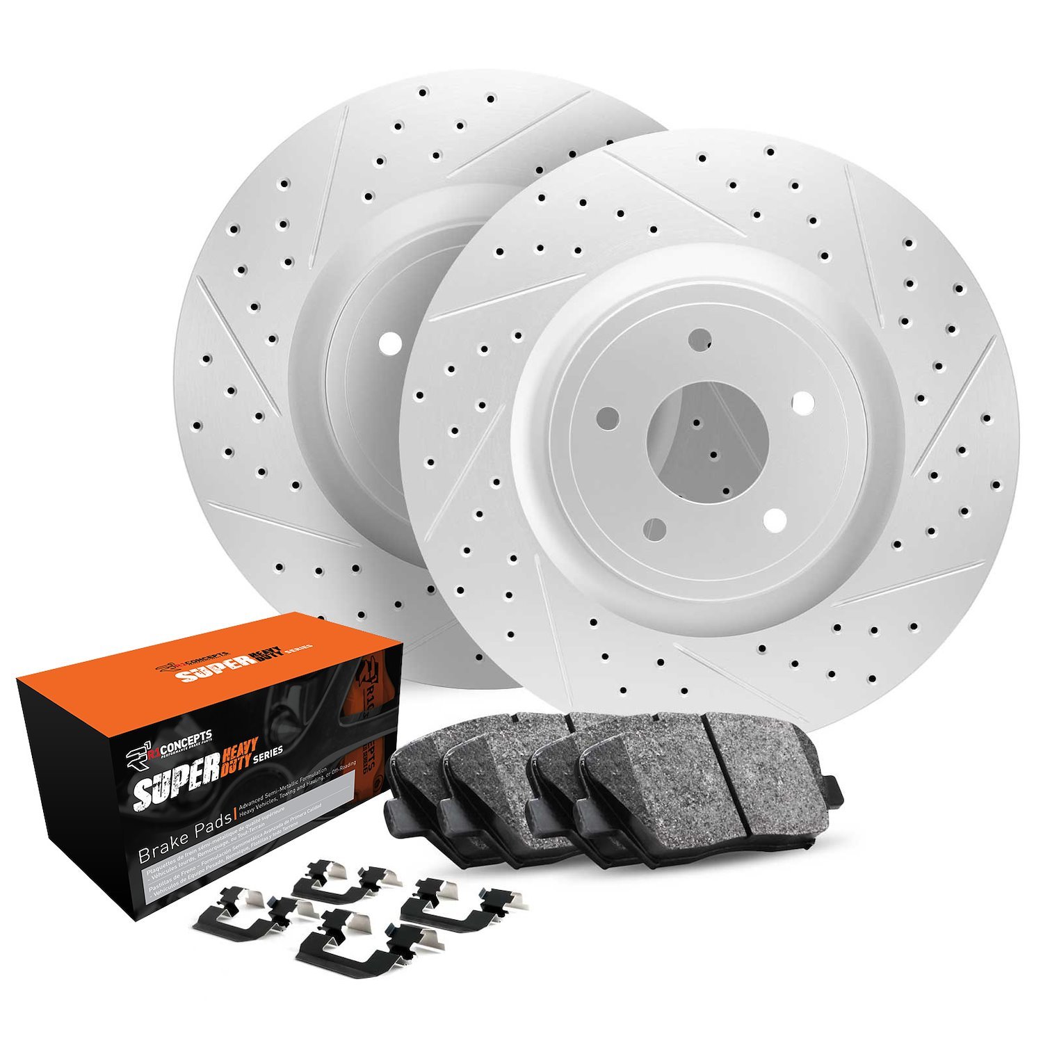 GEO-Carbon Drilled & Slotted Brake Rotor Set w/Super-Duty Pads & Hardware, 1994-1997 Mopar, Position: Front