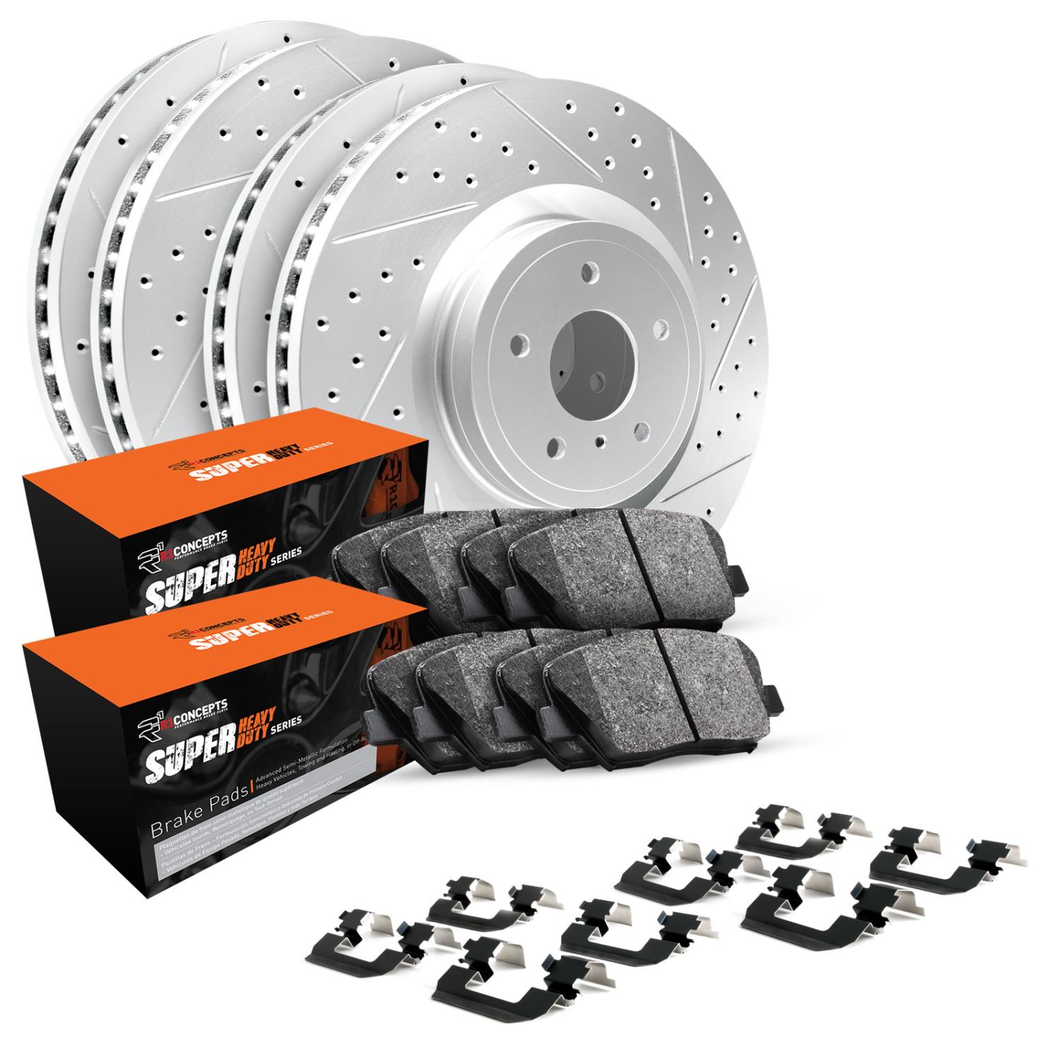 GEO-Carbon Drilled & Slotted Brake Rotor & Drum Set w/Super-Duty Pads, Shoes, & Hardware, 1998-1999 Mopar, Position: Front