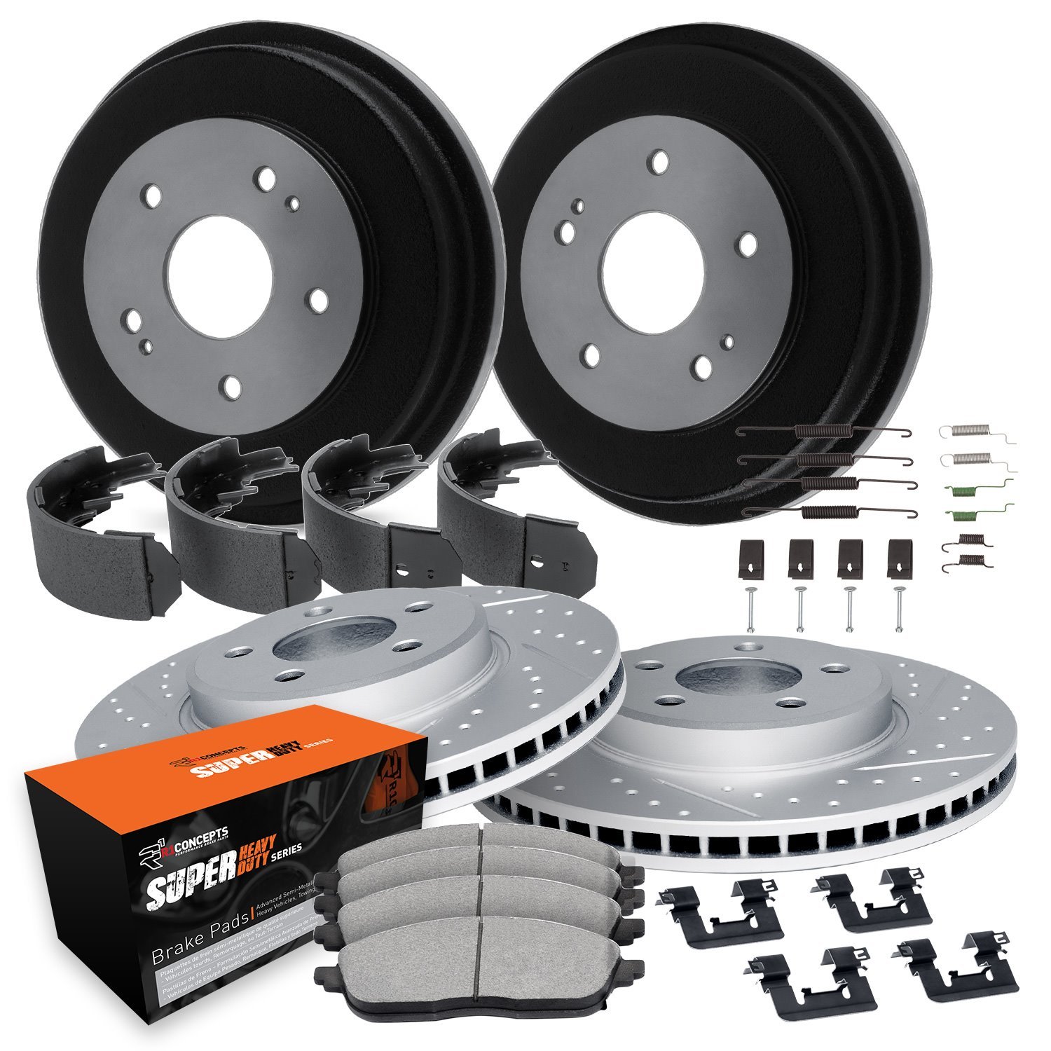 GEO-Carbon Drilled & Slotted Brake Rotor & Drum Set w/Super-Duty Pads, Shoes, & Hardware, 2003-2004 Ford/Lincoln/Mercury/Mazda