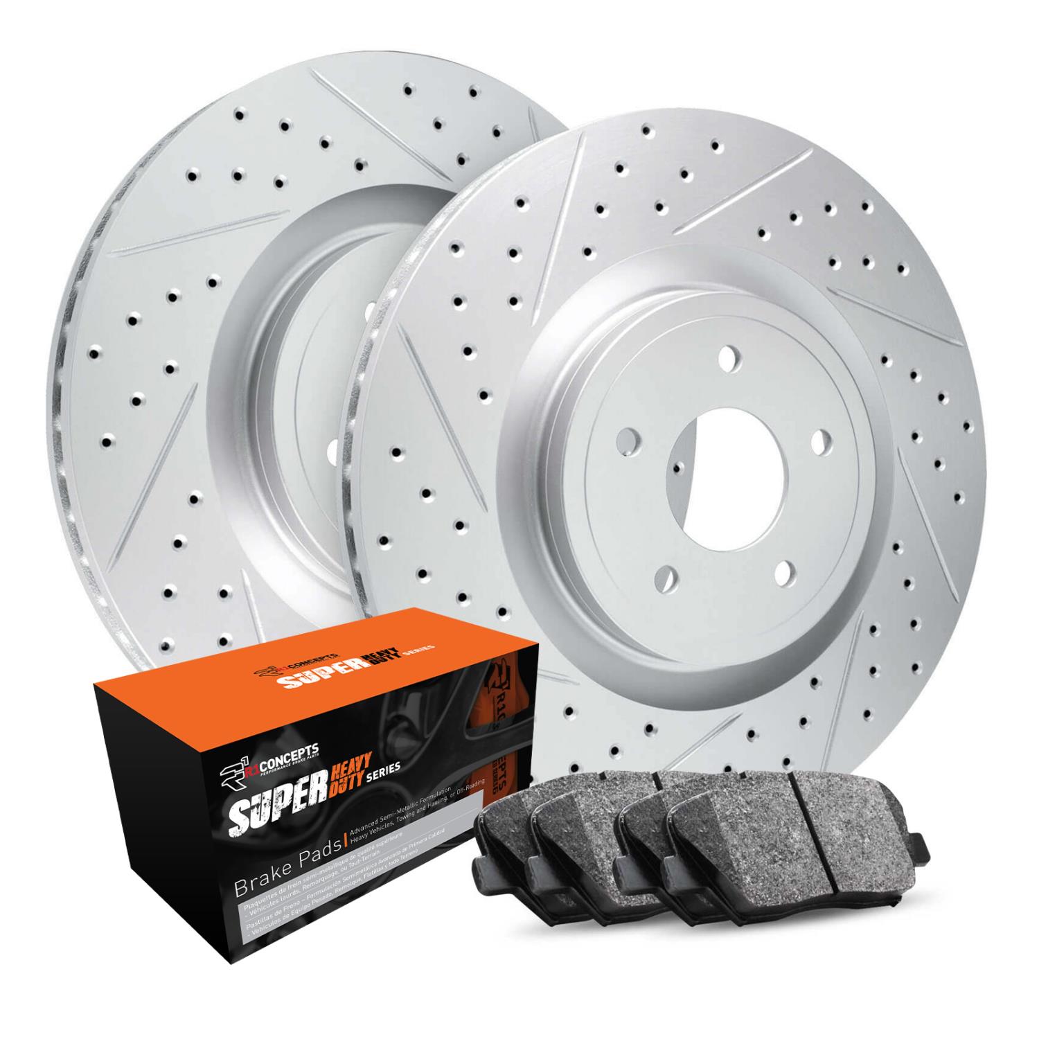 GEO-Carbon Drilled & Slotted Brake Rotor Set w/Super-Duty Pads, 1994-1999 Mopar, Position: Rear