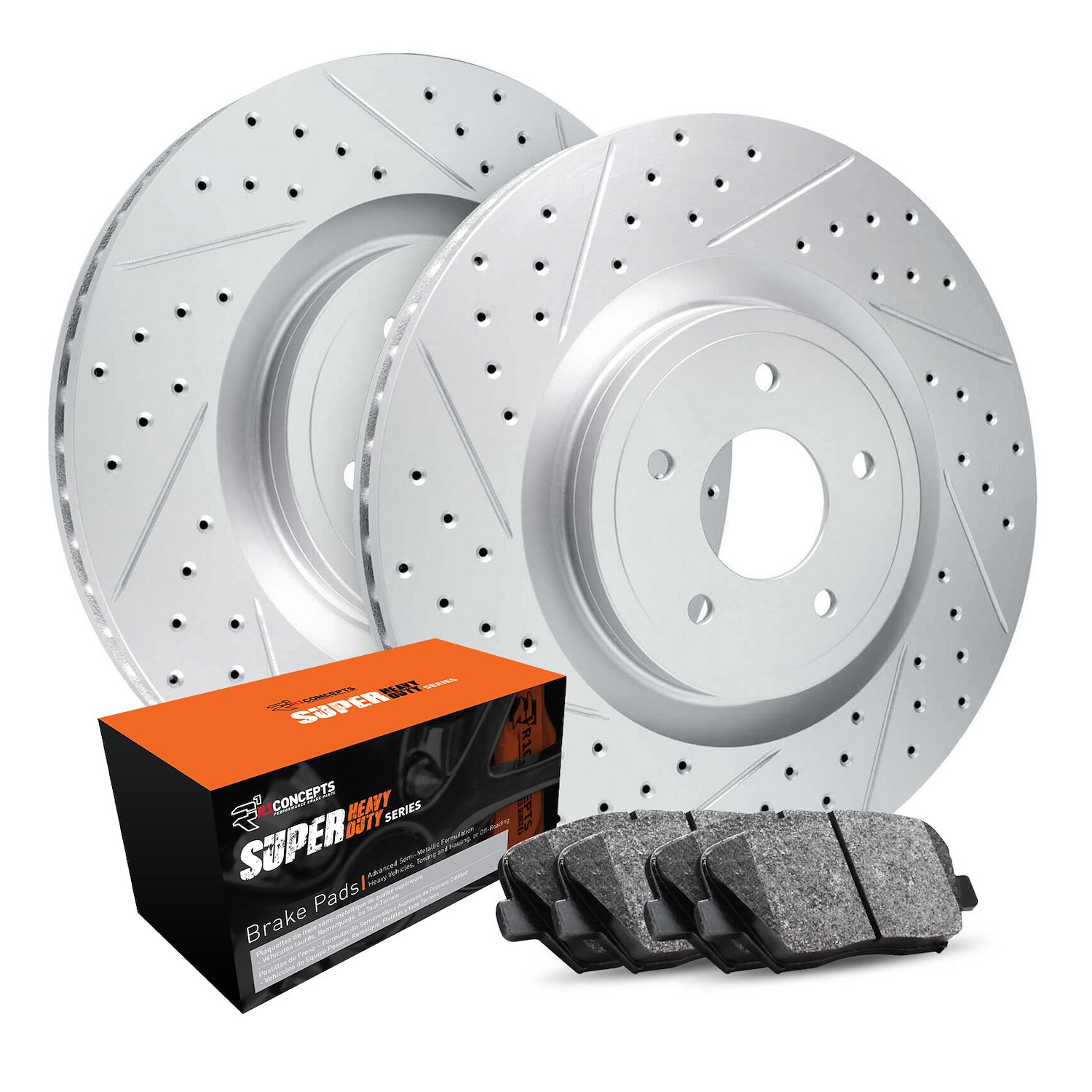 GEO-Carbon Drilled & Slotted Brake Rotor Set w/Super-Duty Pads, 1974-1996 GM, Position: Front