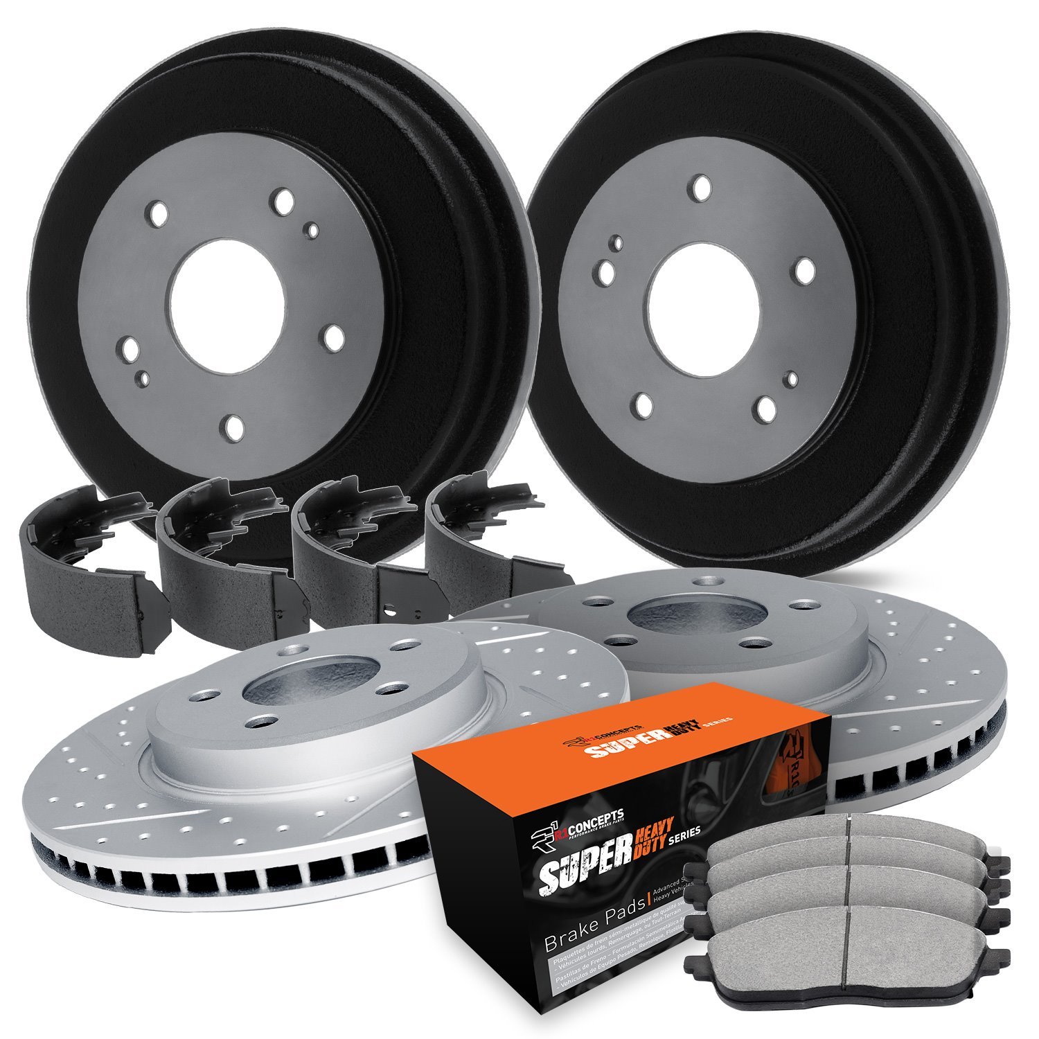 GEO-Carbon Drilled & Slotted Brake Rotor & Drum Set w/Super-Duty Pads & Shoes, 2003-2004 Ford/Lincoln/Mercury/Mazda