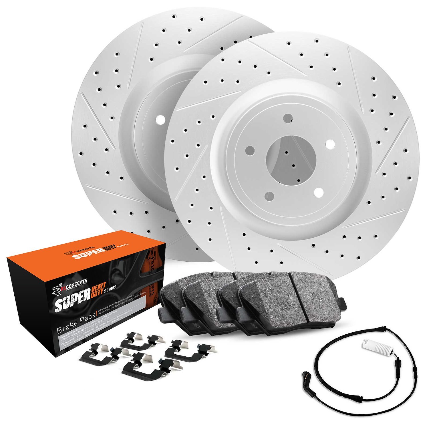 GEO-Carbon Drilled & Slotted Brake Rotor Set w/Super-Duty Pads, Sensor, & Hardware, 2007-2009 Fits Multiple Makes/Models