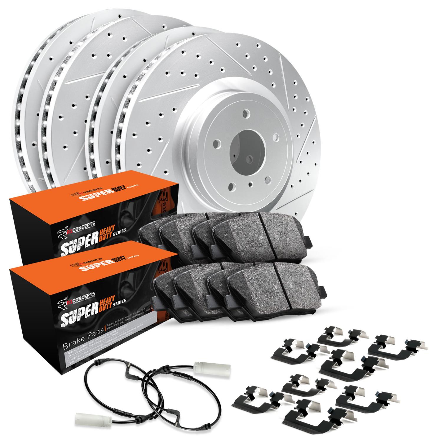 GEO-Carbon Drilled/Slotted Rotors w/Super-Duty Pads/Sensor/Hardware, 2007-2017 Fits Multiple Makes/Models, Position: Front/Rear