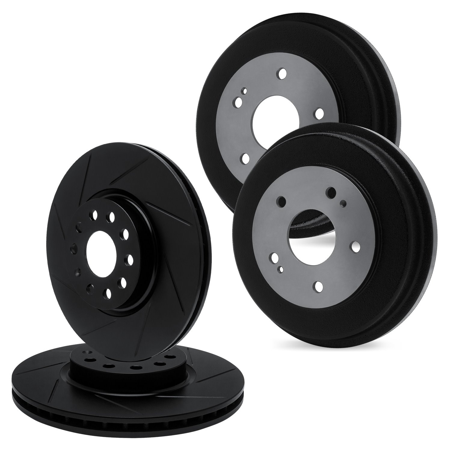 E-Line Slotted Black Brake Rotor & Drum Set, 1994-1995 Ford/Lincoln/Mercury/Mazda, Position: Front & Rear