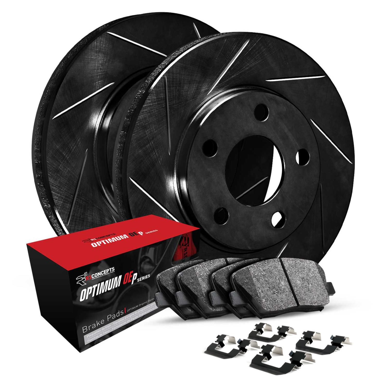 E-Line Slotted Black Rotors w/5000 Oep Pads & Hardware Kit, 2005-2009 Land Rover, Position: Front