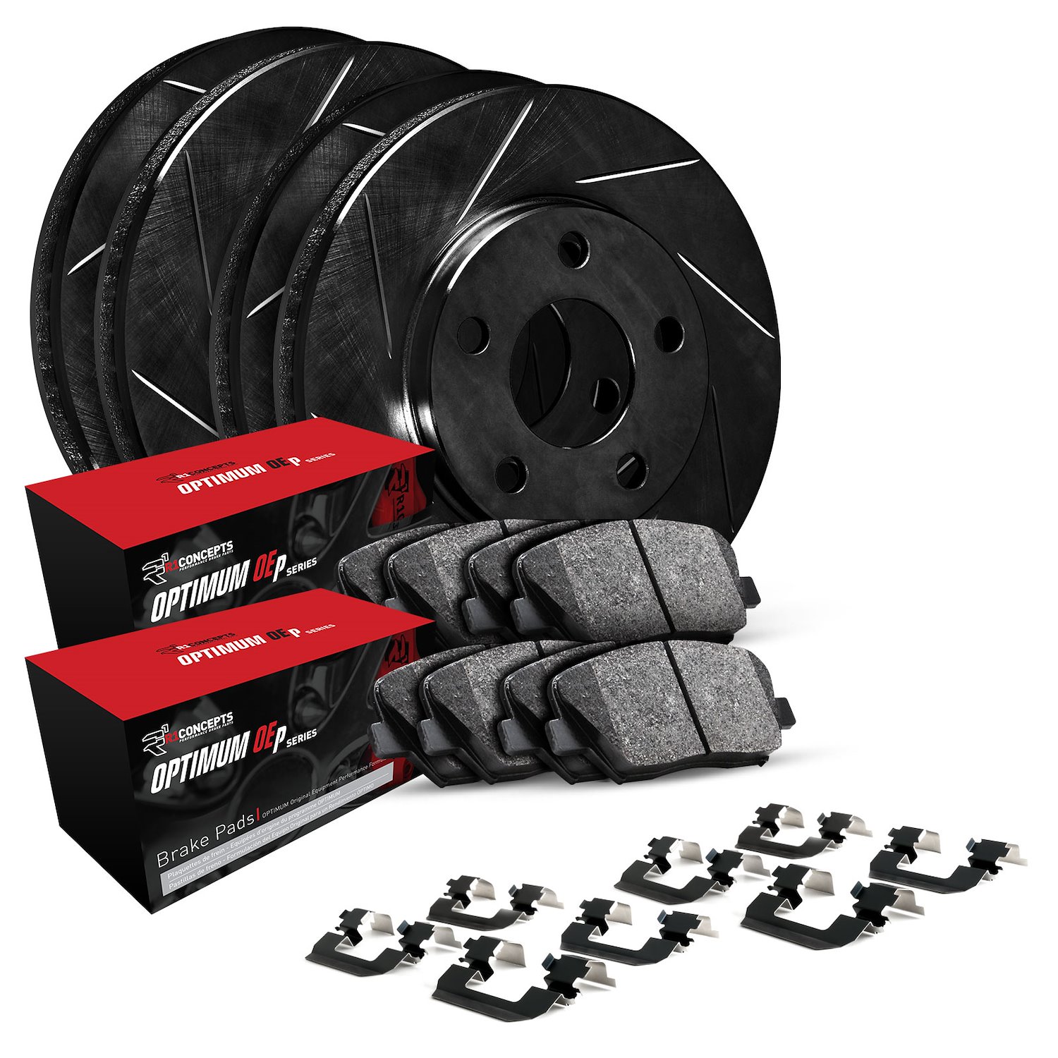E-Line Slotted Black Brake Rotor & Drum Set w/Optimum OE Pads, Shoes, & Hardware, 2013-2019 Infiniti/Nissan