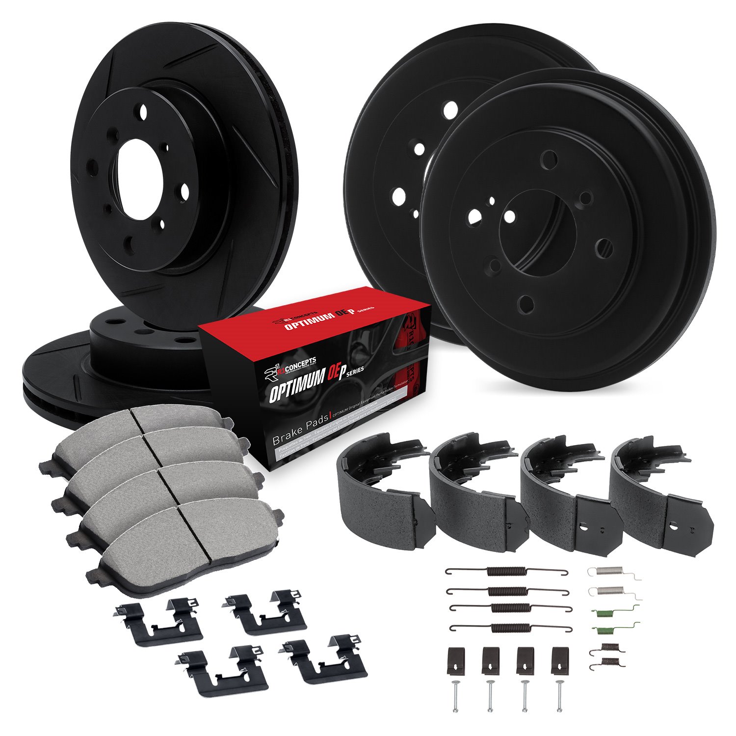 E-Line Slotted Black Brake Rotor & Drum Set w/Optimum OE Pads, Shoes, & Hardware, 1982-1983 Audi/Porsche/Volkswagen