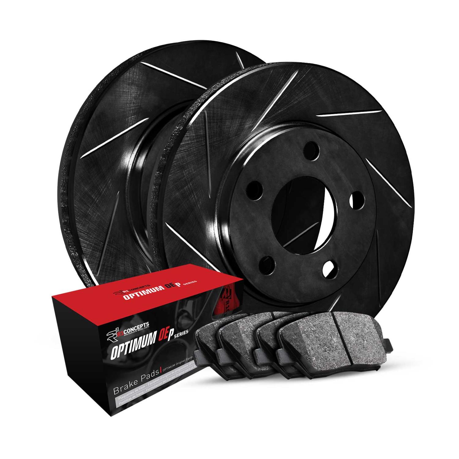 E-Line Slotted Black Brake Rotor Set w/Optimum OE Pads, 1973-1993 Mopar, Position: Front