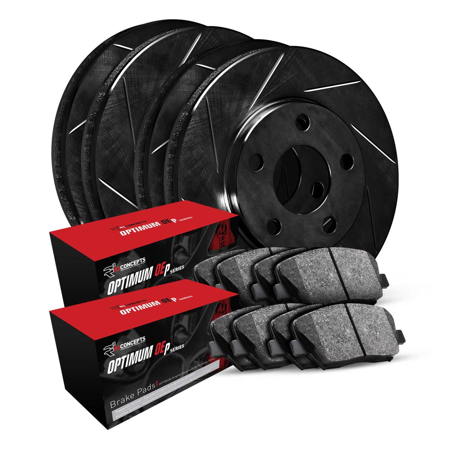 E-Line Slotted Black Brake Rotor & Drum Set w/Optimum OE Pads & Shoes, 2013-2019 Infiniti/Nissan, Position: Front & Rear