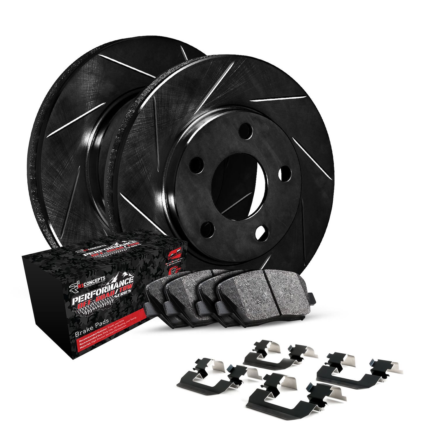 E-Line Slotted Black Brake Rotor Set w/Performance Off-Road/Tow Pads & Hardware, 2012-2020 Tesla, Position: Rear