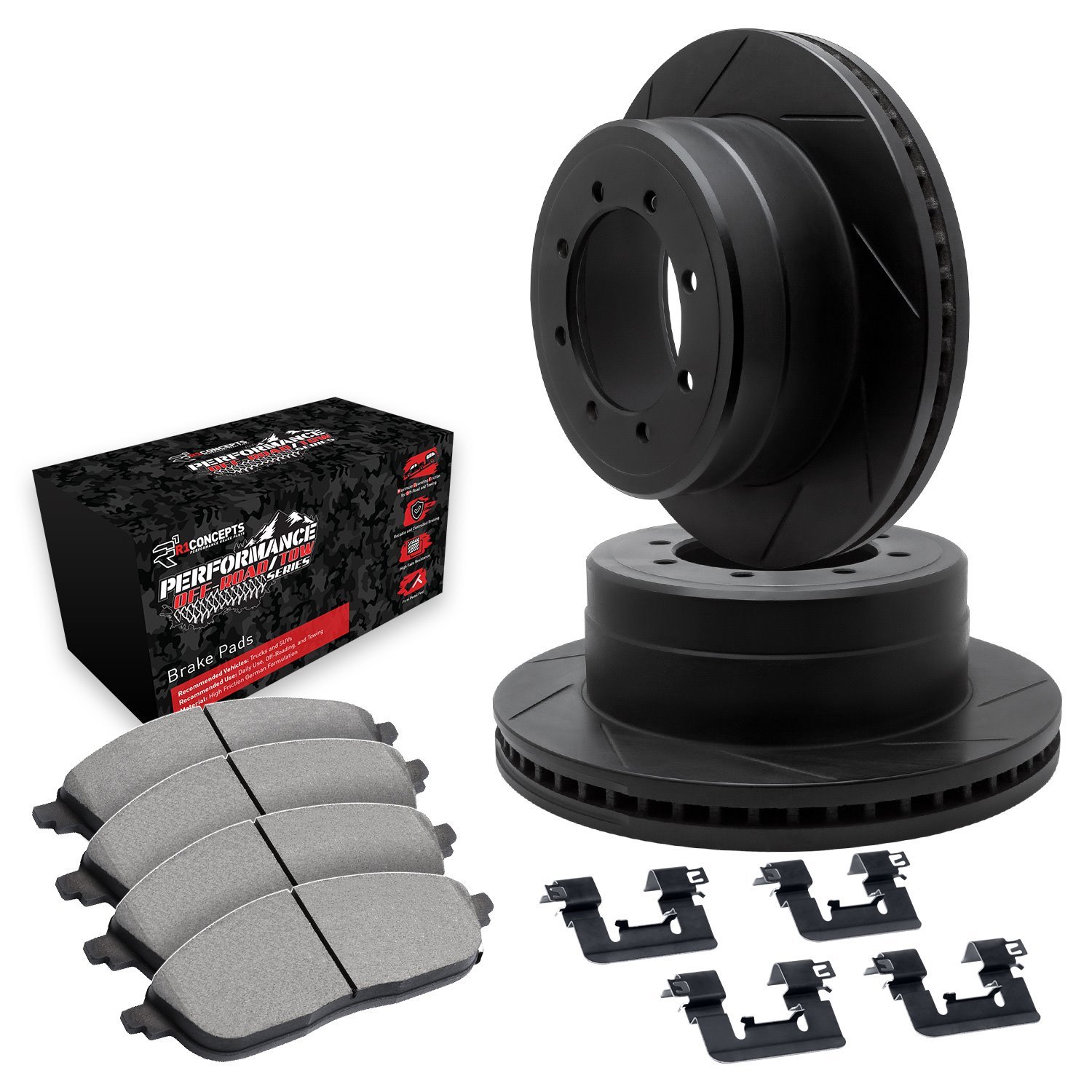 E-Line Slotted Black Brake Rotor Set w/Performance Off-Road/Tow Pads & Hardware, 1999-1999 Ford/Lincoln/Mercury/Mazda