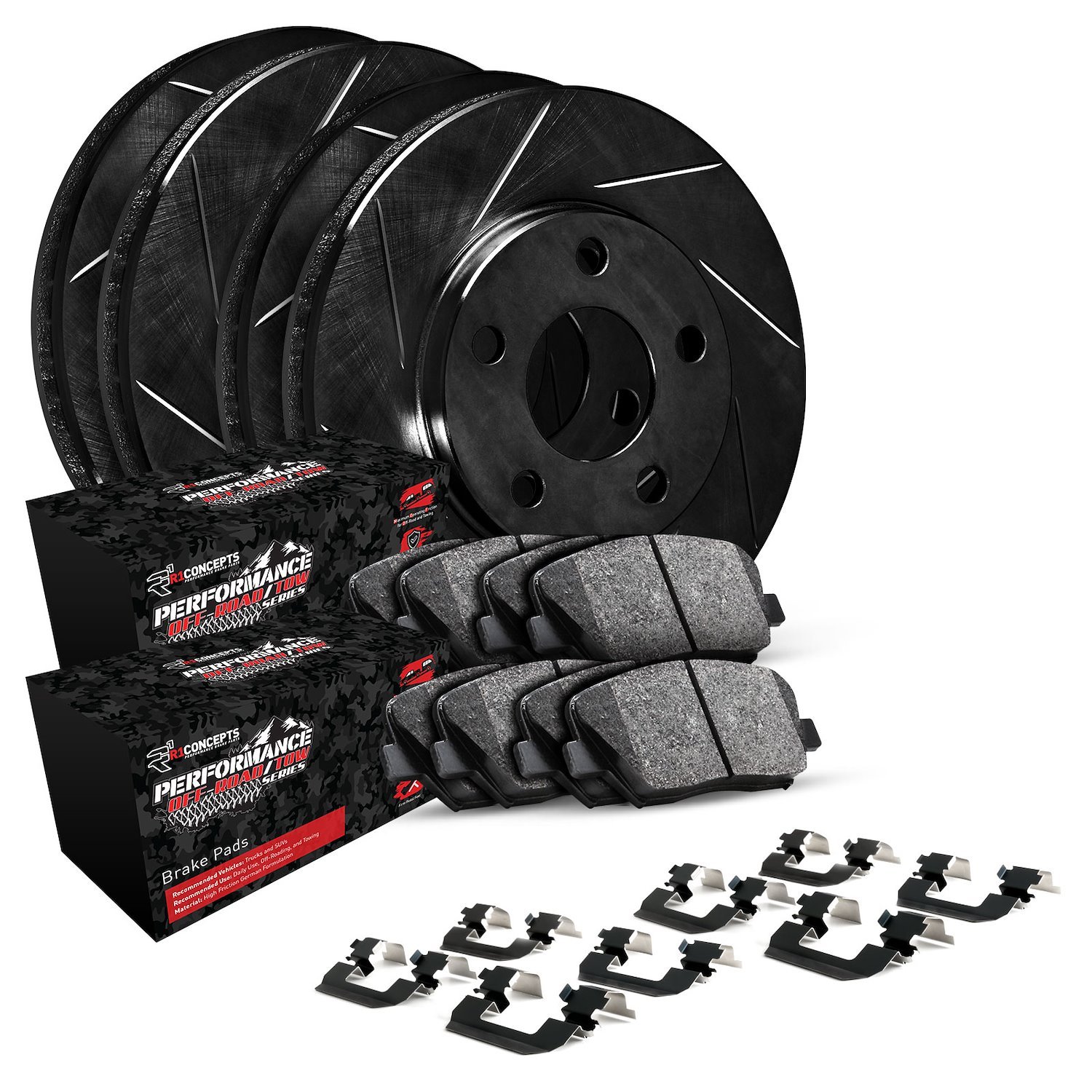 E-Line Slotted Black Brake Rotor Set w/Performance Off-Road/Tow Pads & Hardware, 2006-2010 Mopar, Position: Front & Rear