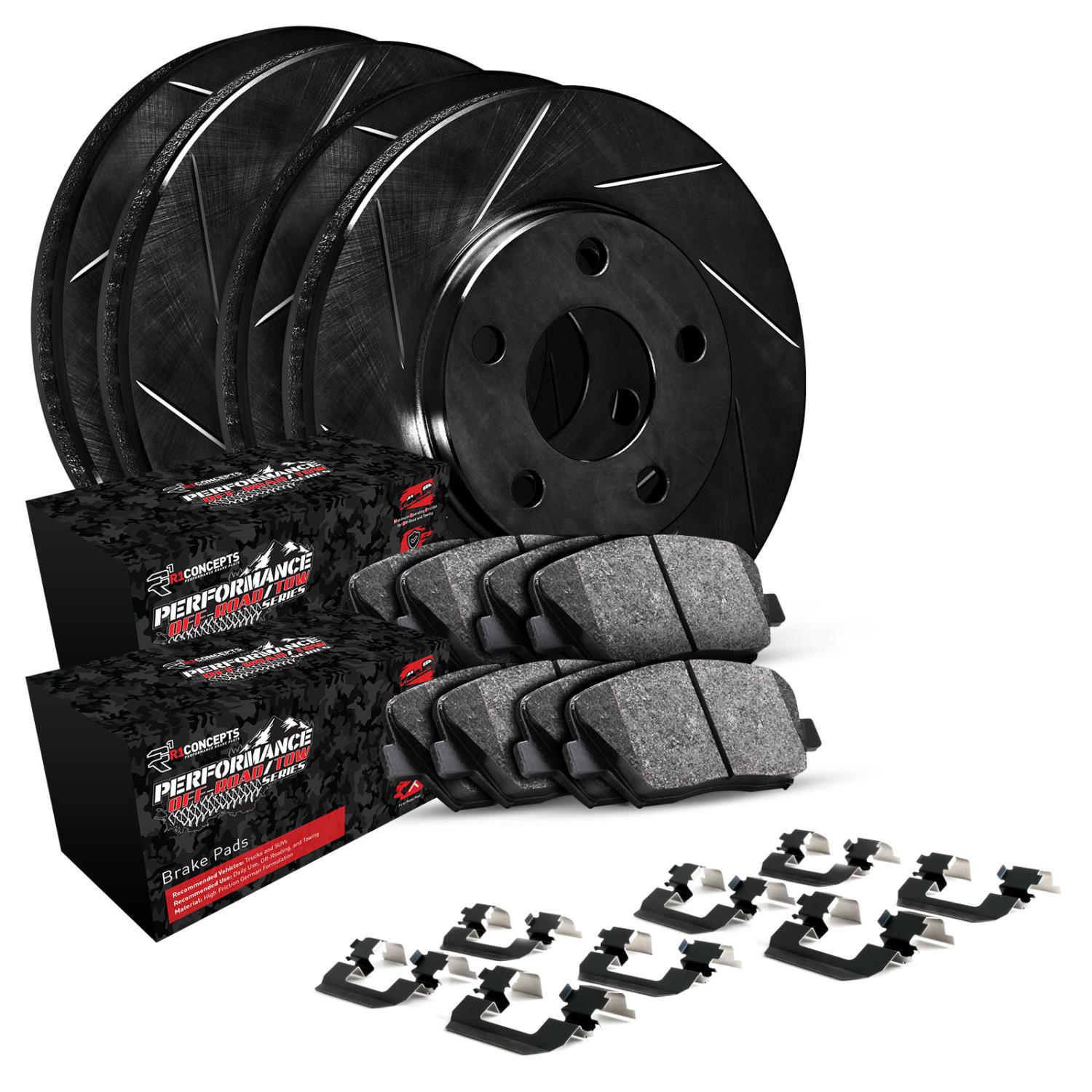 E-Line Slotted Black Brake Rotor Set w/Performance Off-Road/Tow Pads & Hardware, 2006-2011 GM, Position: Front & Rear