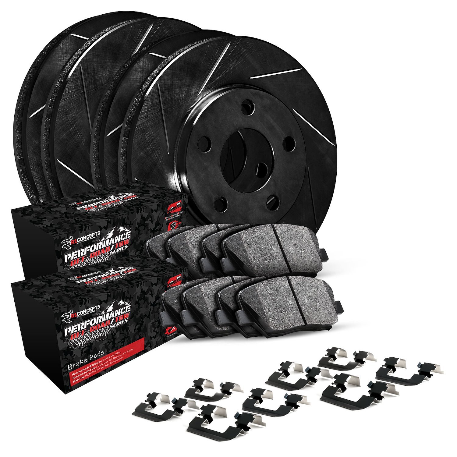 E-Line Slotted Black Brake Rotor Set w/Performance Off-Road/Tow Pads & Hardware, 1999-2007 GM, Position: Front & Rear