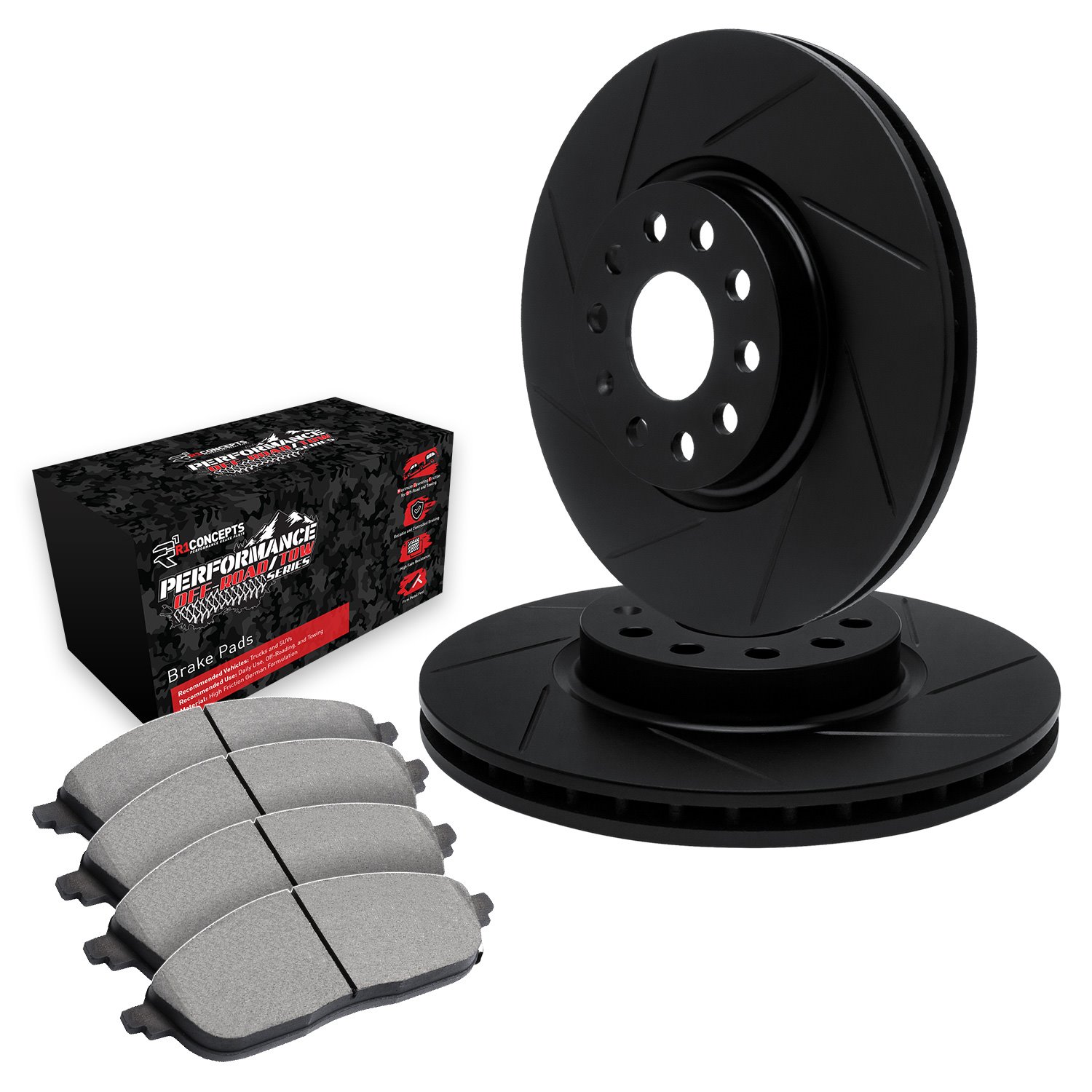 E-Line Slotted Black Brake Rotor Set w/Performance Off-Road/Tow Pads, 1994-1995 Ford/Lincoln/Mercury/Mazda, Position: Front
