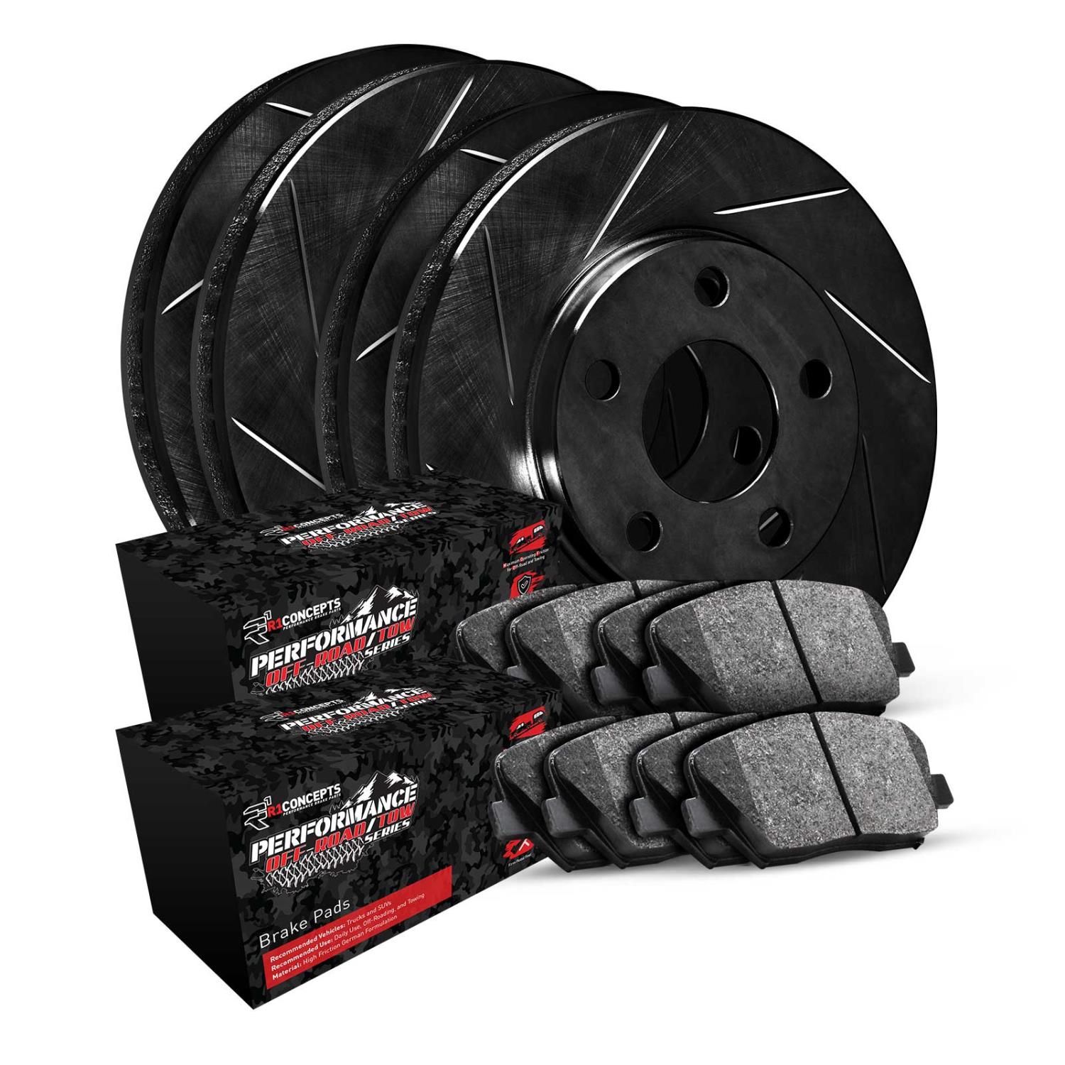 E-Line Slotted Black Brake Rotor Set w/Performance Off-Road/Tow Pads, 2010-2016 Kia/Hyundai/Genesis, Position: Front & Rear