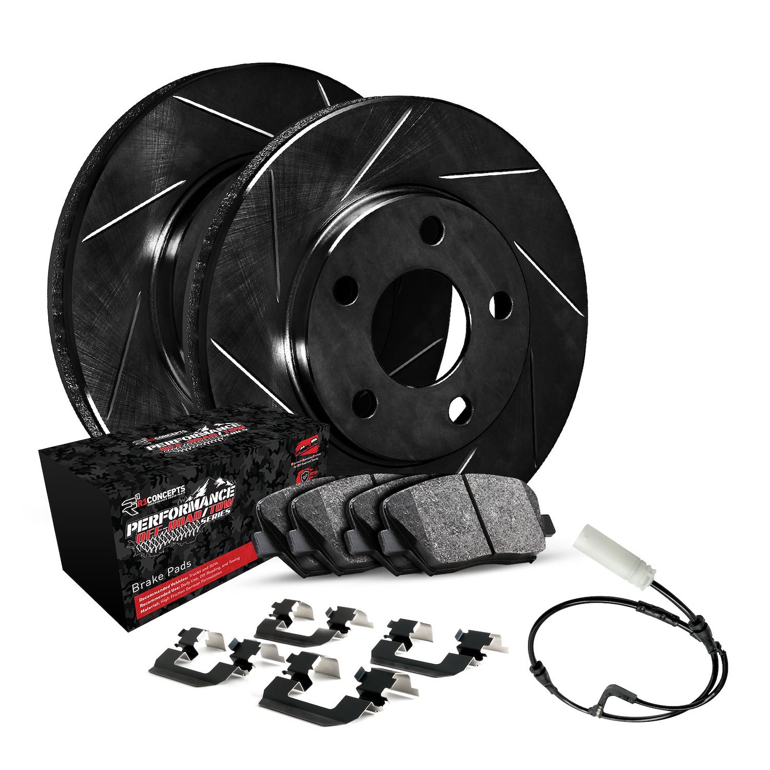 E-Line Slotted Black Brake Rotor Set w/Performance Off-Road/Tow Pads, Sensor, & Hardware, Fits Select GM, Position: Front