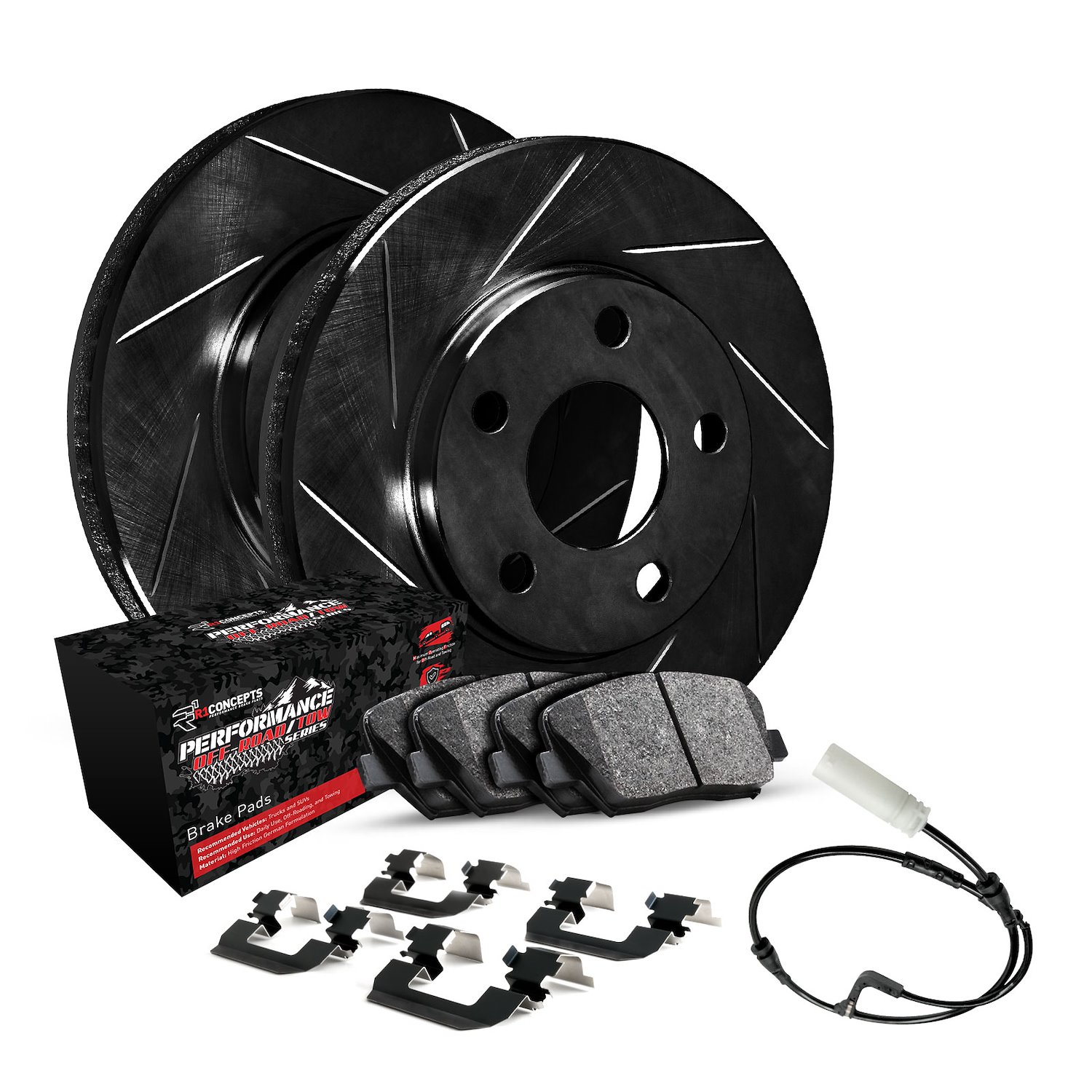 E-Line Slotted Black Brake Rotor Set w/Performance Off-Road/Tow Pads, Sensor, & Hardware, 2013-2019 Mercedes-Benz