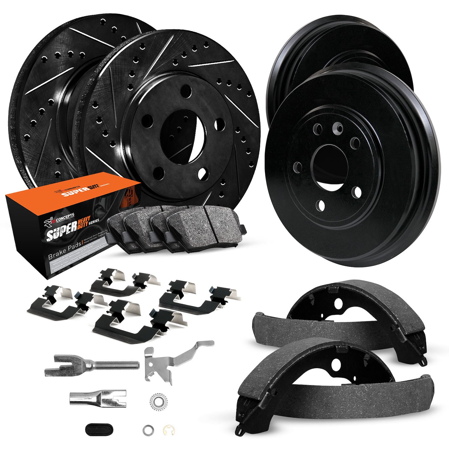 E-Line Slotted Black Brake Rotor & Drum Set w/Super-Duty Pads, Shoes, Hardware/Adjusters, 1971-1978 GM, Position: Front & Rear