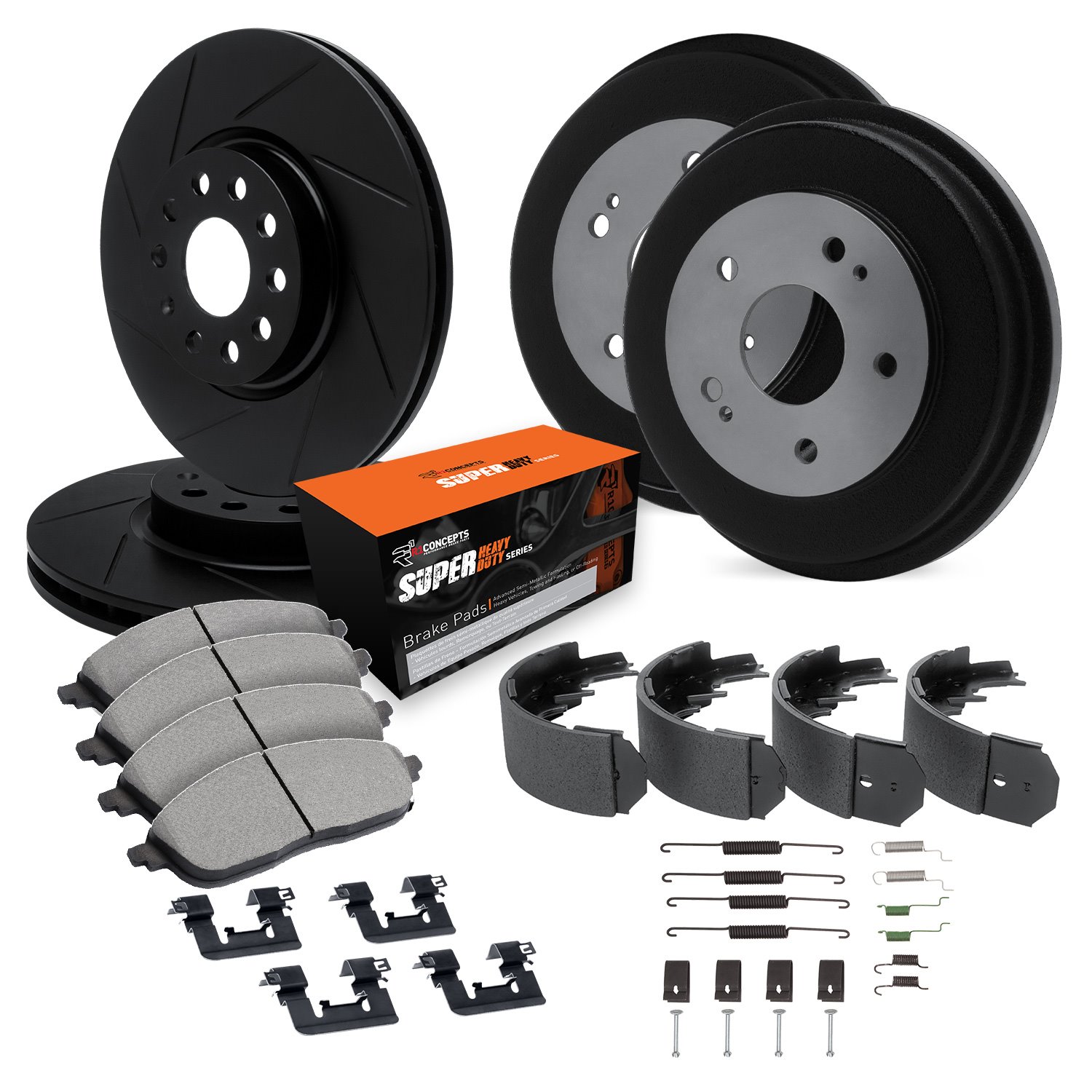 E-Line Slotted Black Brake Rotor & Drum Set w/Super-Duty Pads, Shoes, Hardware/Adjusters, 1994-1994 Ford/Lincoln/Mercury/Mazda