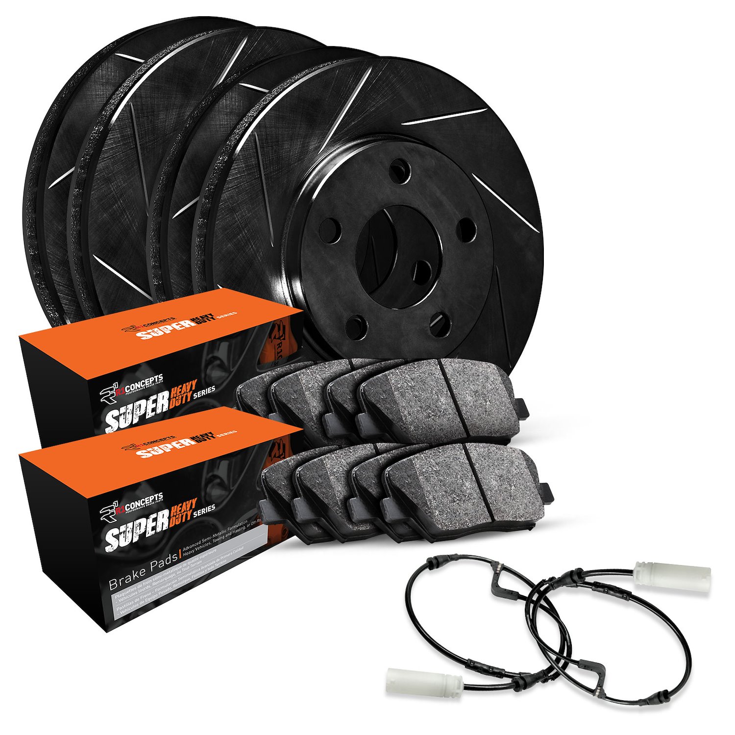 E-Line Slotted Black Brake Rotor Set w/Super-Duty Pads & Sensor, 2002-2006 Fits Multiple Makes/Models, Position: Front & Rear