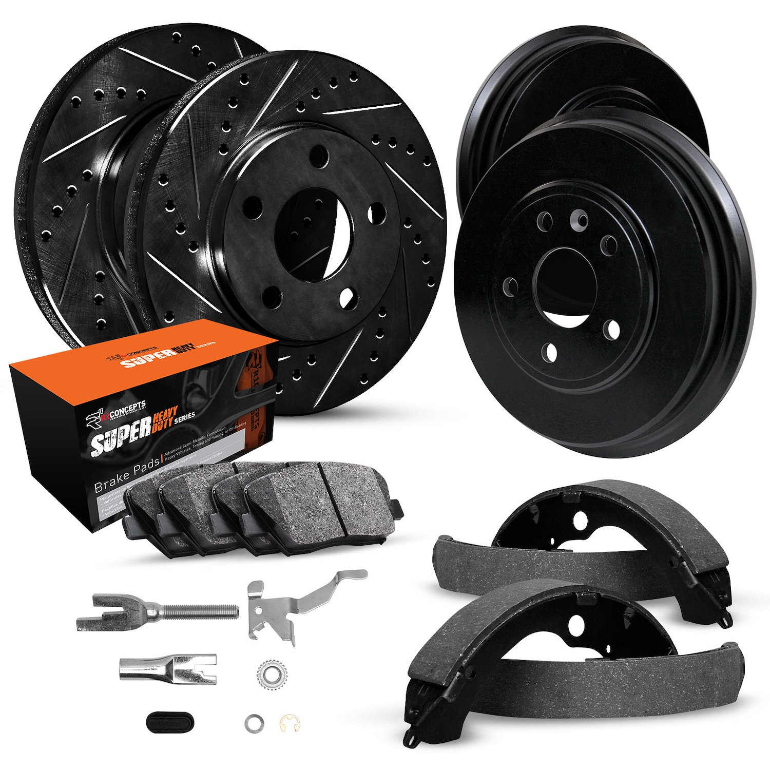 E-Line Slotted Black Brake Rotor & Drum Set w/Super-Duty Pads, Shoes, & Adjusters, 1977-1991 GM, Position: Front & Rear