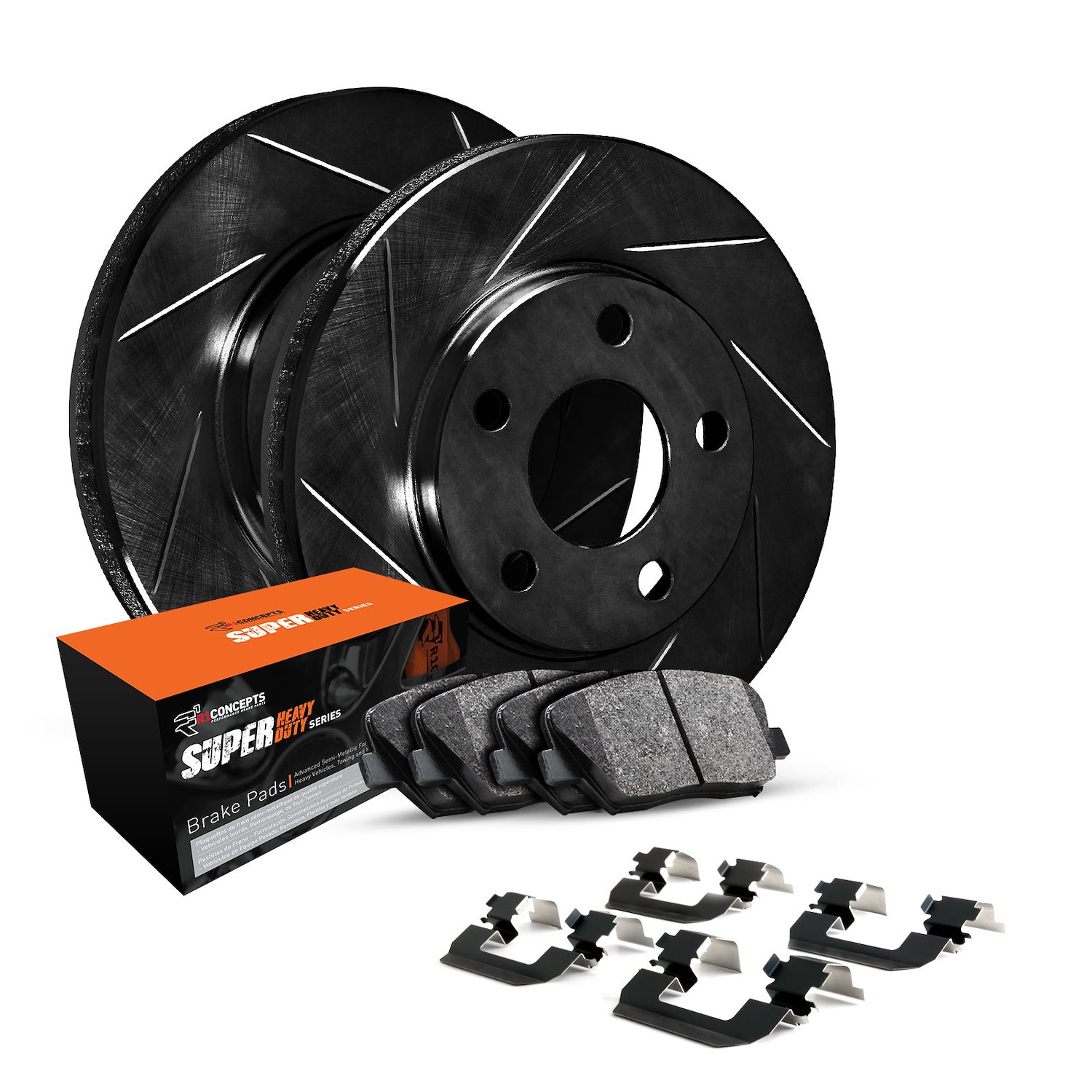 E-Line Slotted Black Rotors w/Super-Duty Pads/Hardware, 1976-2005 GM, Position: Front